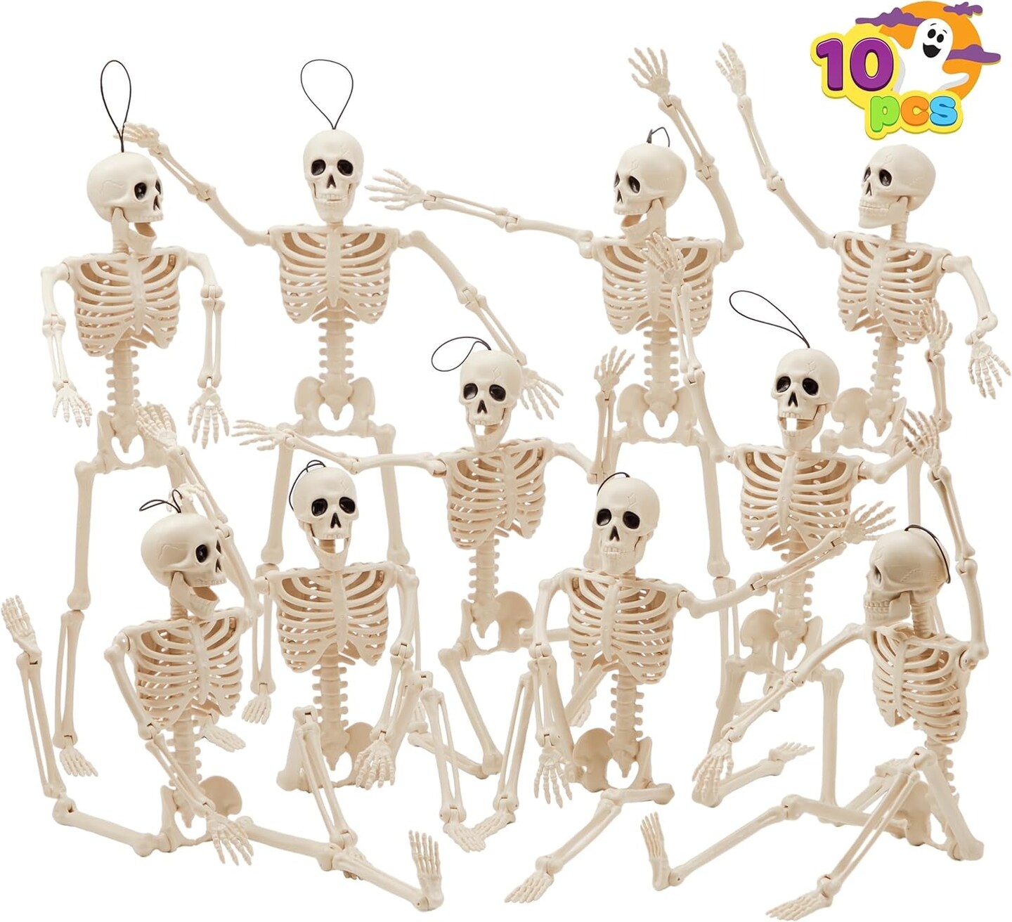 10 PCS 16 Inches Halloween Hanging Skeletons Full Body Skeletons Realistic Human Plastic Bones with Posable Joints for Halloween Indoor Outdoor Party Decor, Graveyard Decorations