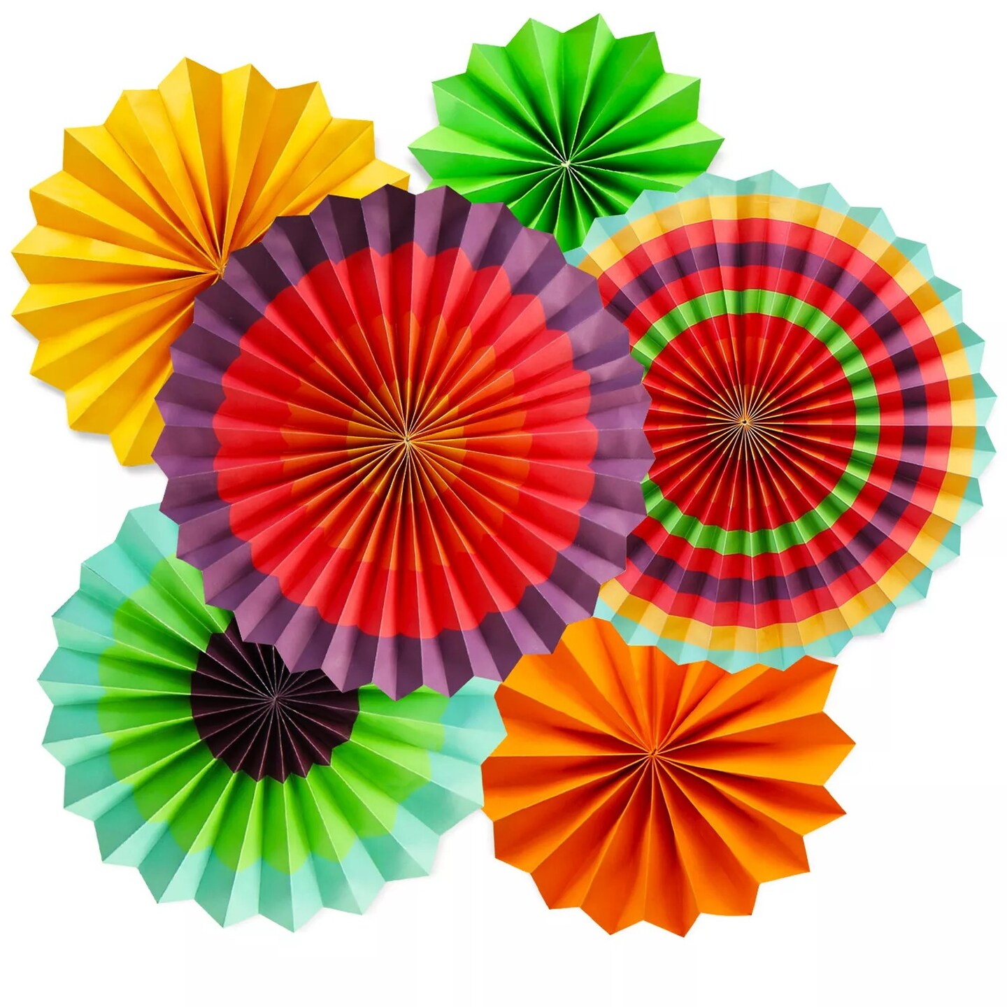 Set of 6 Vibrant Hanging Paper Fans Backdrop Rosette Flowers