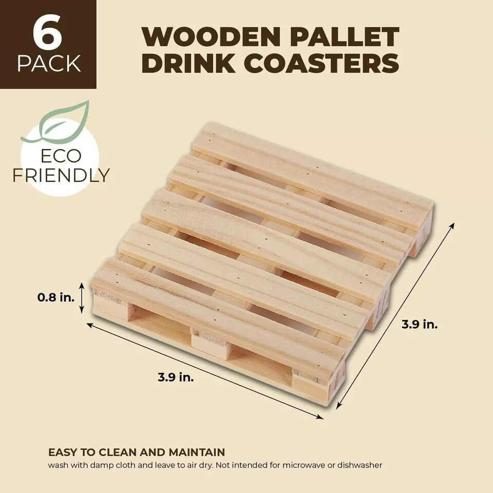 6 Pack Mini Wooden Pallet Coasters for Hot and Cold Drinks, Beverages
