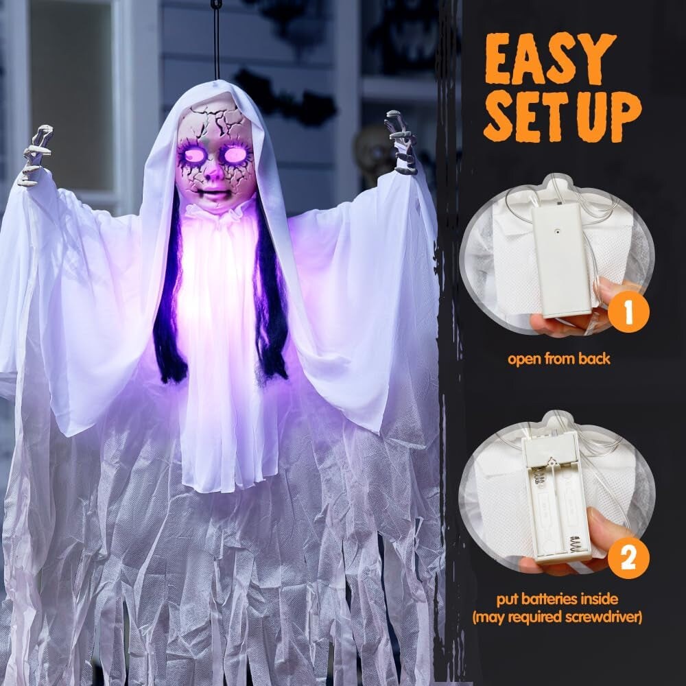 43&#x22; Halloween Hanging Ghost Decoration, Halloween Scary Hanging Ghost Girl with Light-Up Head for Halloween Outdoor, Yard, Patio Decoration, Halloween Haunted House Decorations