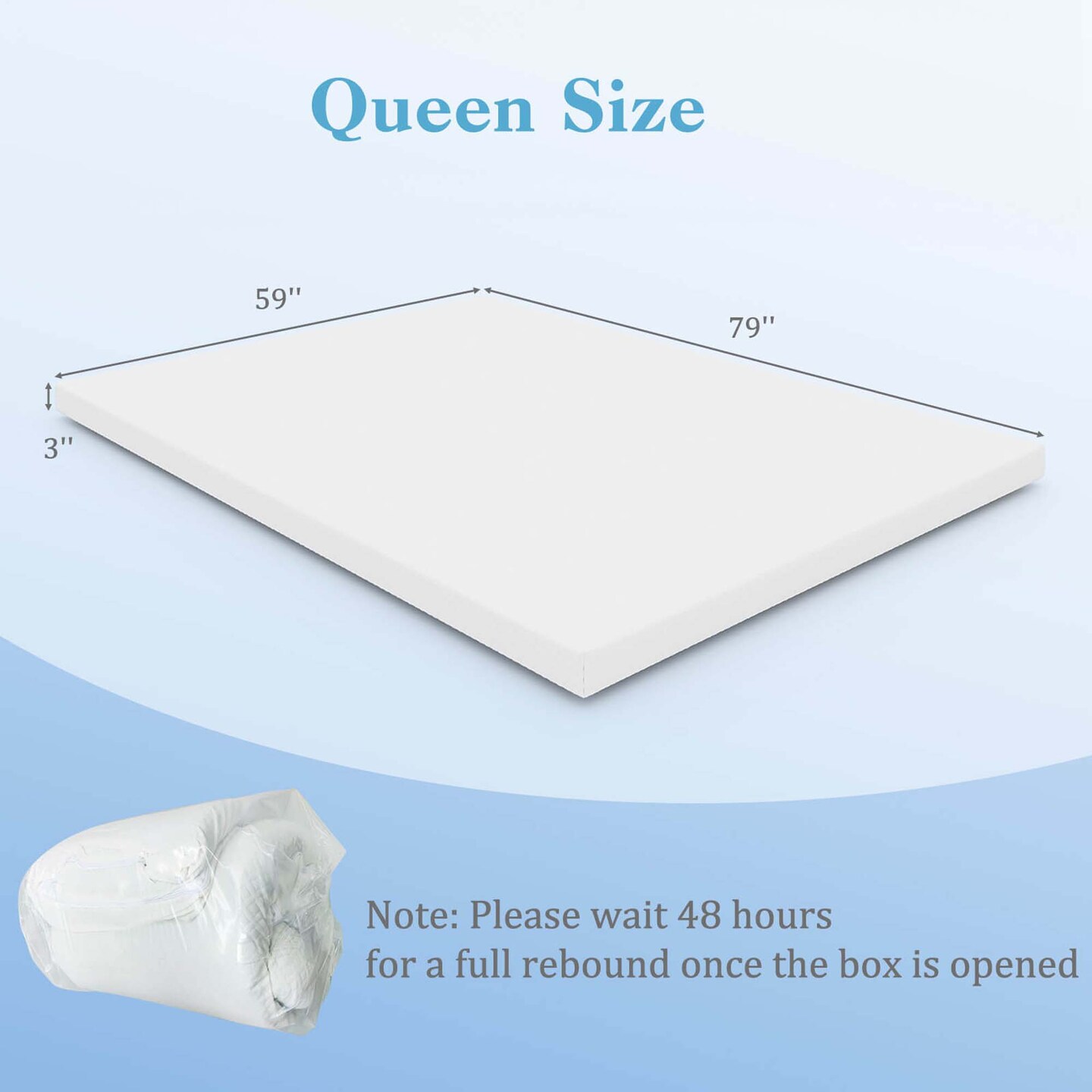 Costway 3" Gel-Infused Memory Foam Mattress Topper with Removable & Washable Cover Twin/Full/Queen/King