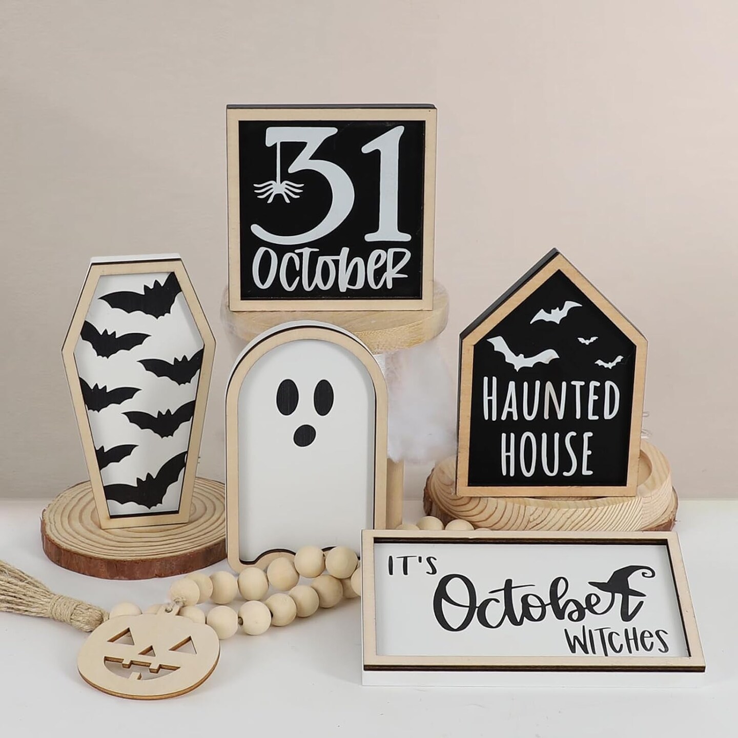 Halloween Decorations |  Halloween Tiered Tray Decor | Bat Coffin, Haunted House, Ghost, Witches, October 31 Sign, Bead Garland | Halloween Decor | Halloween Centerpiece for Table Shelf