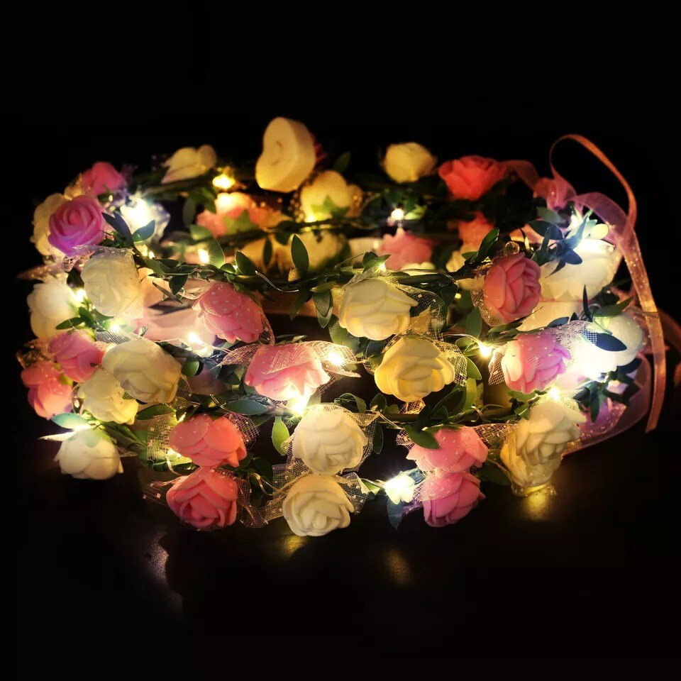 Novelty Place Light Up Flower Headband, LED Floral Head Crown for Wedding 4 Pack