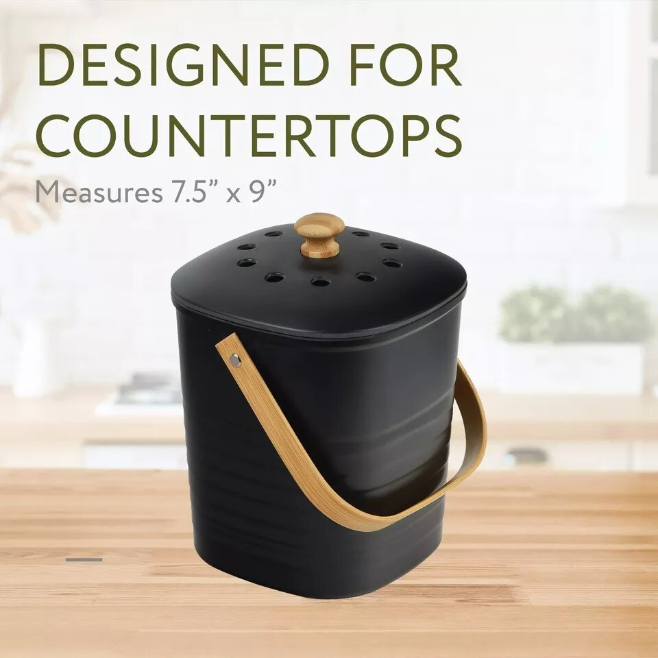 [2 Pack] Bamboo Compost Bin for Kitchen - Holds 1 Gallon Each