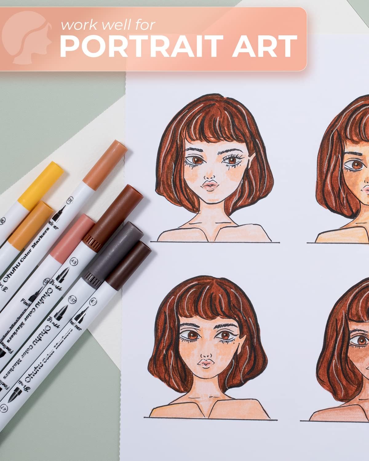 Ohuhu Skin Tone Markers 36 Colors: Dual Tip Brush and Fineliner Markers for Adult Coloring Water Based Art Skintone Marker Pens Set for Portrait Drawing Lettering Writing Calligraphy Journaling - Maui