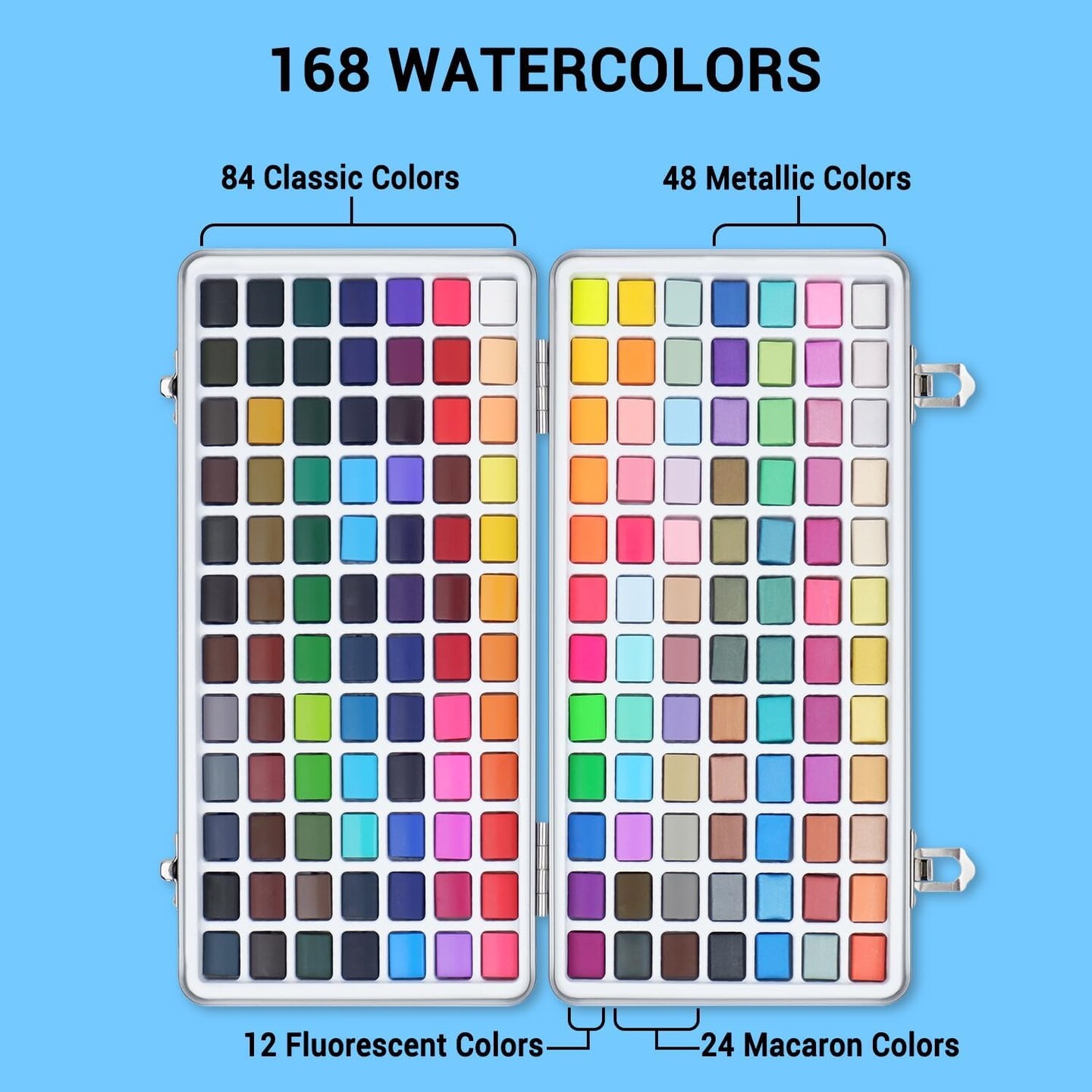 Watercolor Paint Set, 168 Vivid Colors with Regular, Macaron, Metallic &#x26; Fluorescent Colors, Travel Watercolor Set Including Palette, Water Brush Pens, Art Supplies Kit Great for Artists, Beginners
