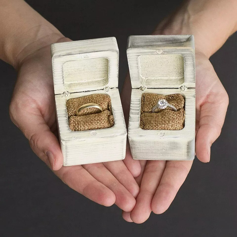 2 pc Mr &#x26; Mrs Wooden Wedding Ring Bearer Boxes for Ceremony, Unique Vintage