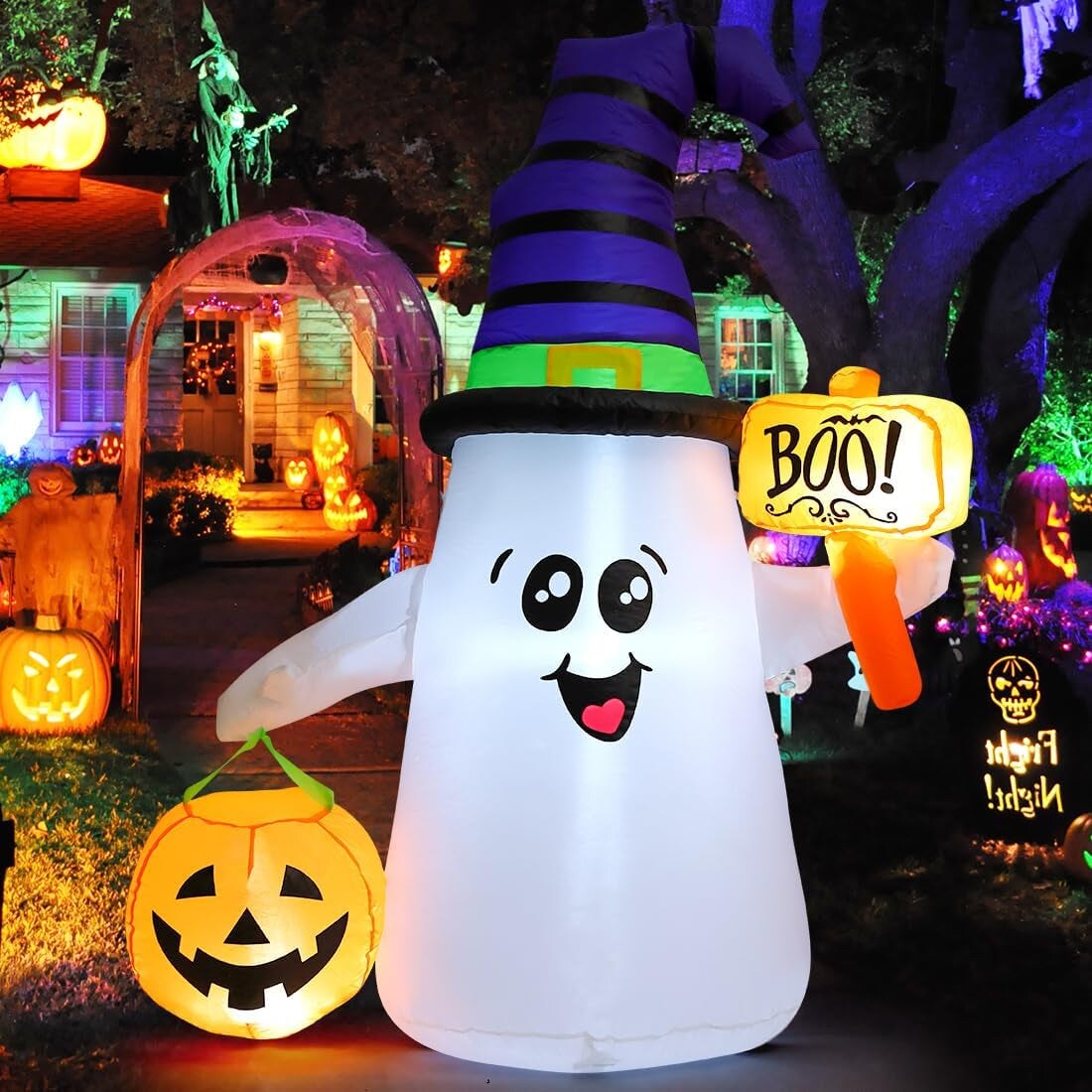 5 FT Halloween Inflatables Ghost Outdoor Decorations Blow up Yard Cute Wizard Ghost with Pumpkin with Built-In Leds for Garden Lawn Indoor Party Holiday Decor