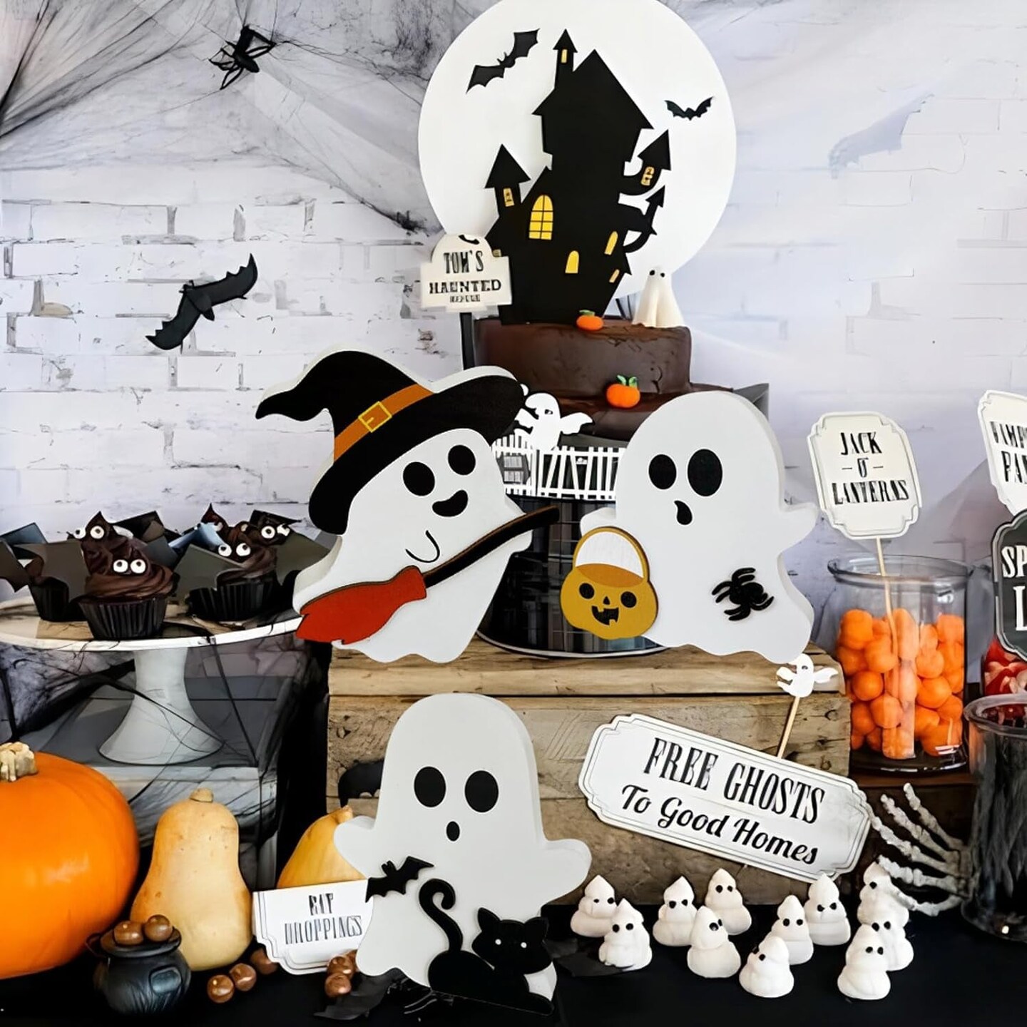 Cute Ghost Halloween Decorations for Indoors, Spooky Decorations, Wooden Tiered Tray Decor Table Sign, Black Cat, Bat, Witch Broom Signs, Pumpkin Blocks for Party Home Shelf Display