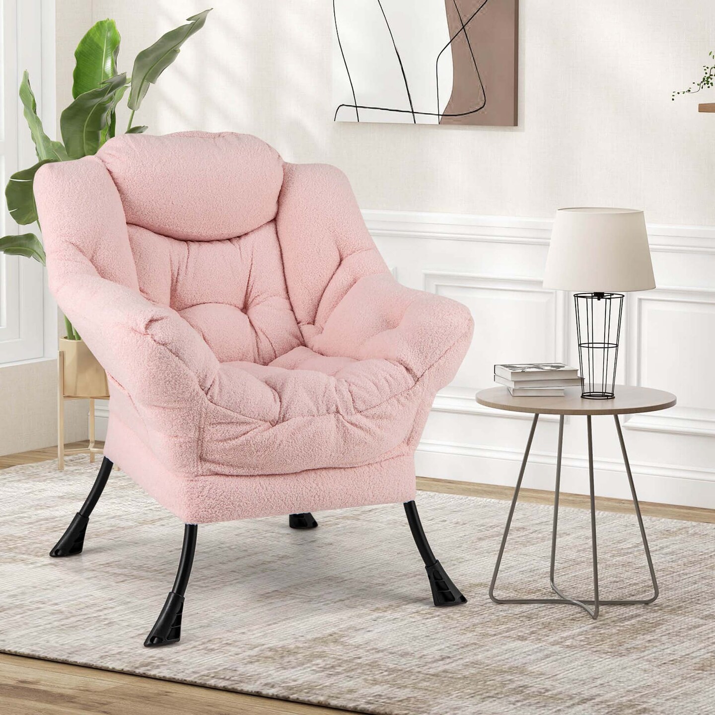 Costway Large Lazy Chair with Cozy Head Pillow Stylish Tufted Back &#x26; Seat Armrests Beige/Gray/Pink