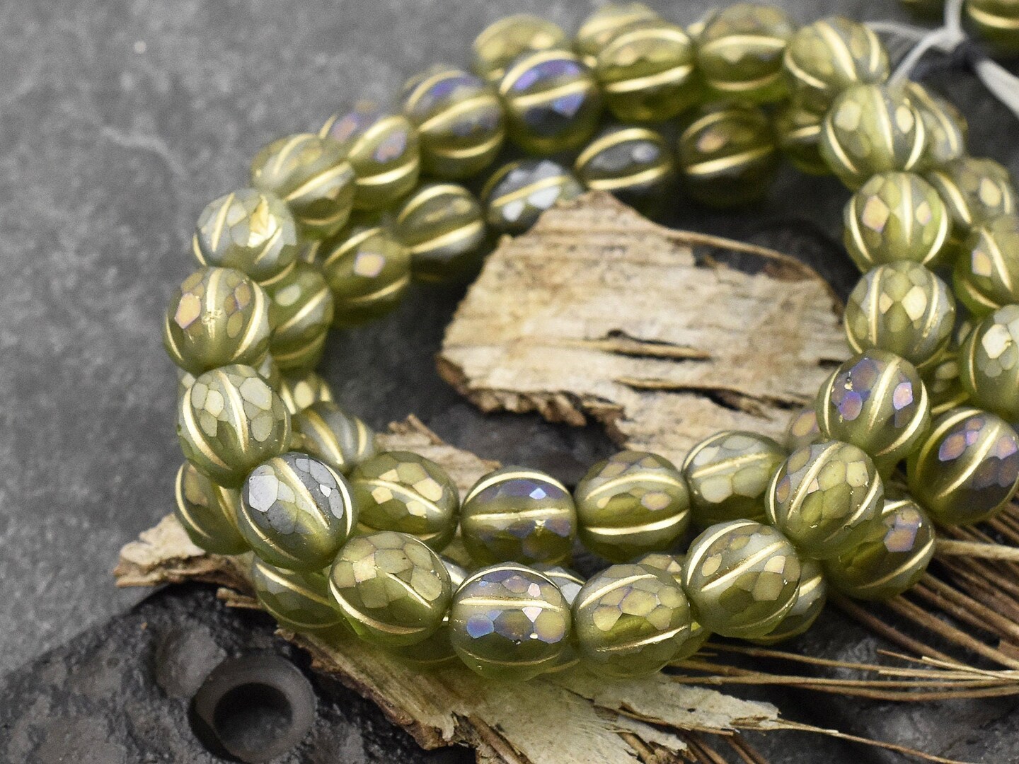 *20* 8mm Gold Washed Matte Olivine Luster Faceted Round Melon Beads