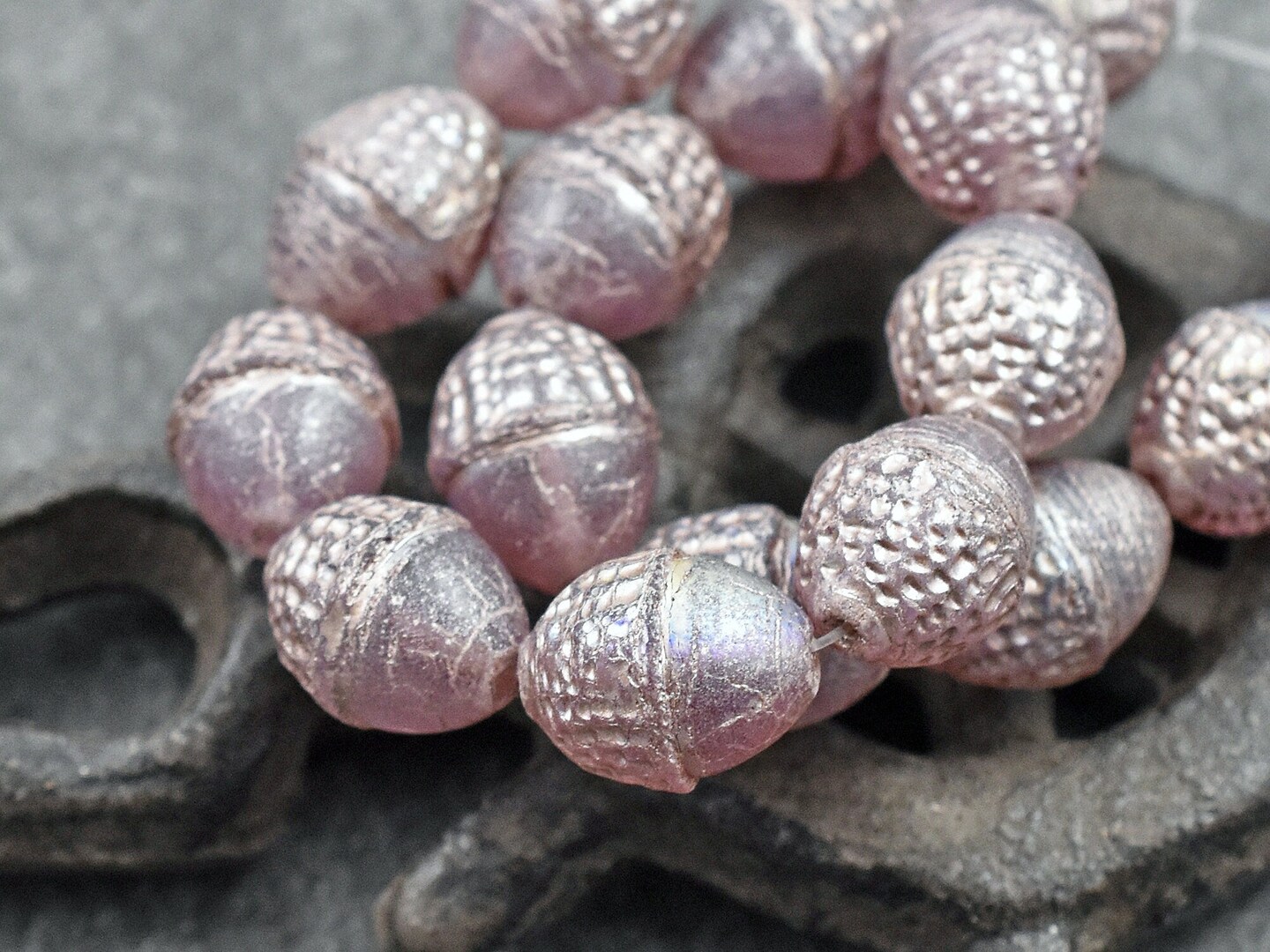 *8* 10x12mm Platinum Washed Semi Transparent Thistle Acorn Oval Beads