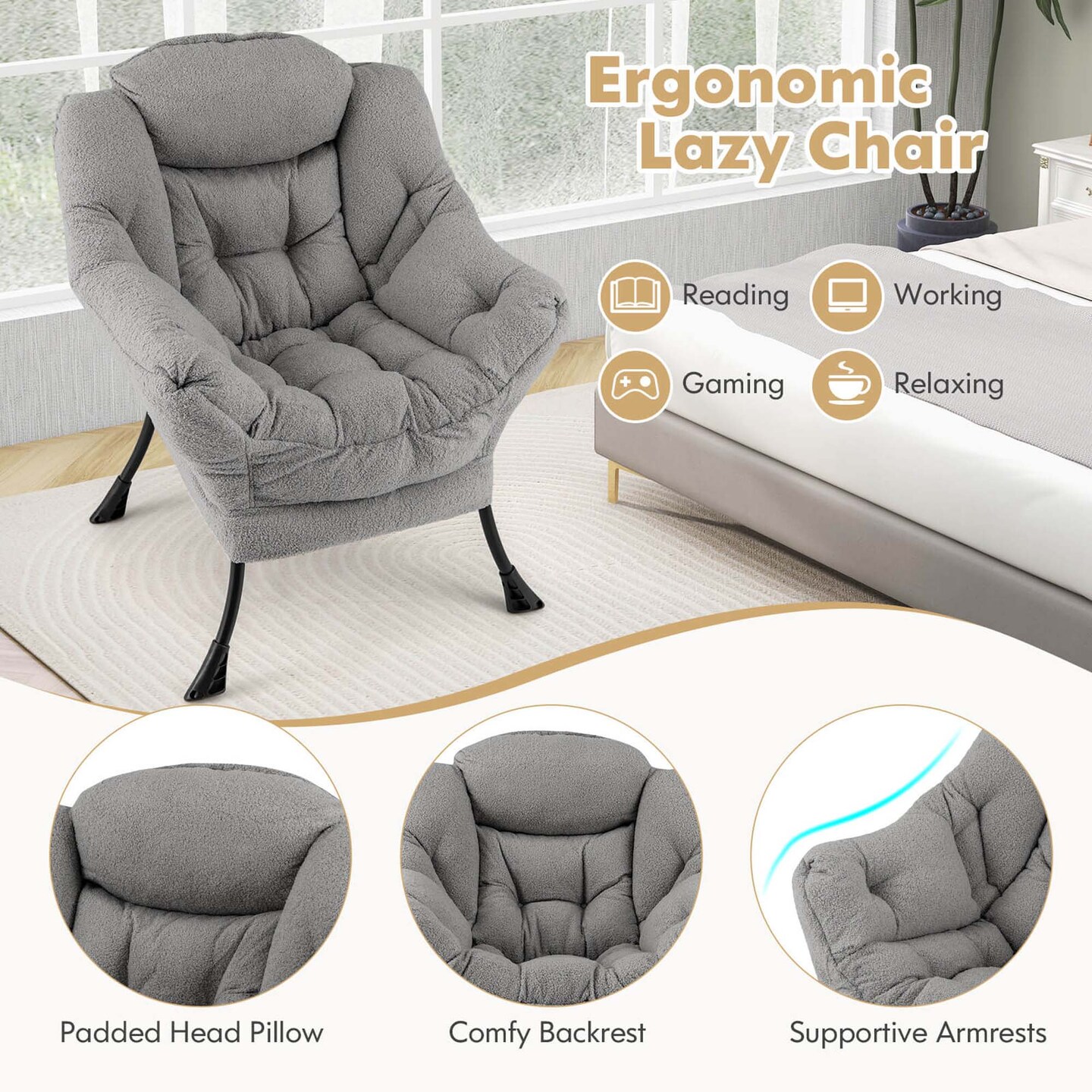 Costway Large Lazy Chair with Cozy Head Pillow Stylish Tufted Back &#x26; Seat Armrests Beige/Gray/Pink