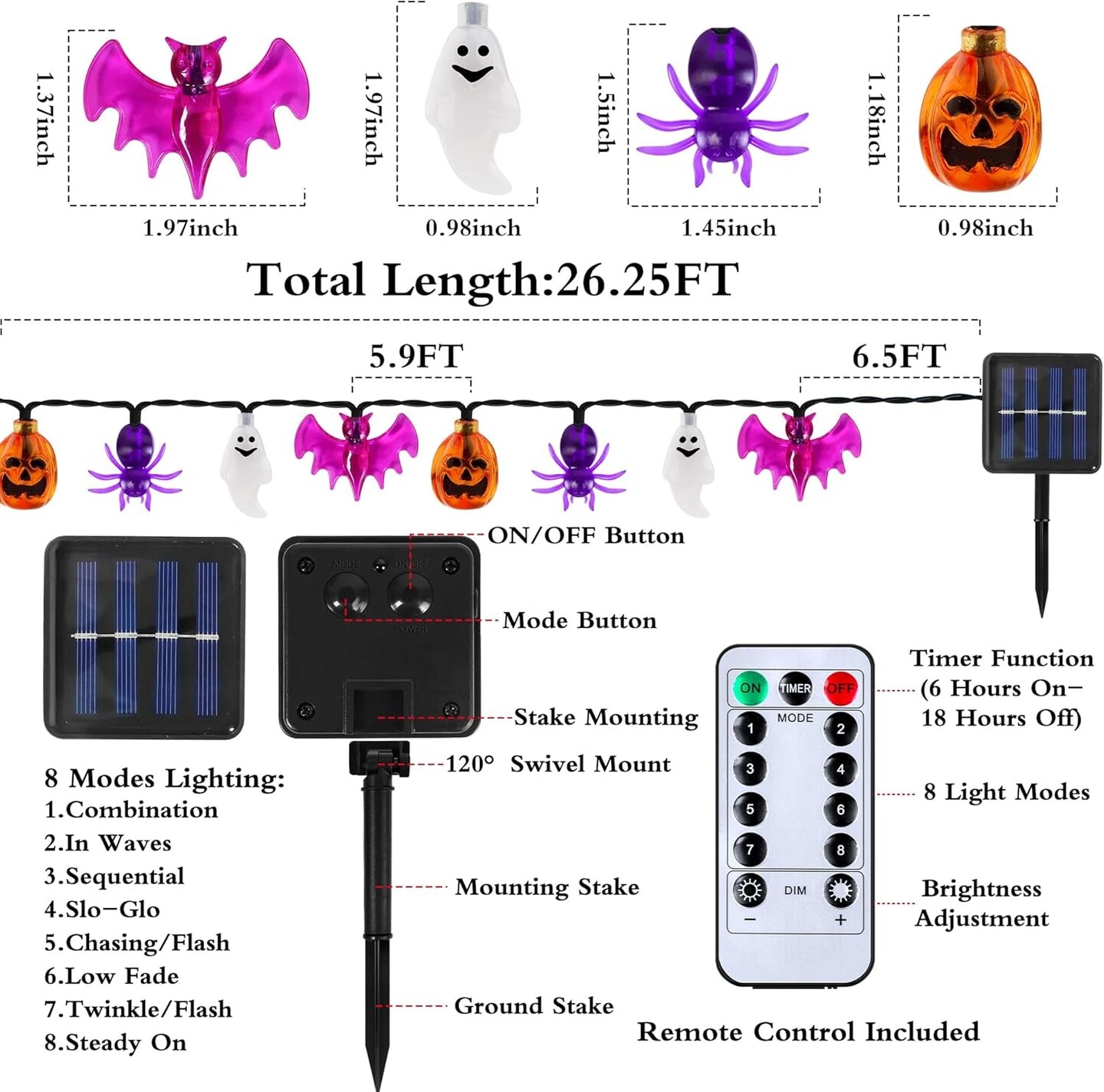 Halloween Solar Lights Decorations Outdoor, 26FT 40 LED 3D Pumpkin Spider Bat Ghost Halloween String Lights with Timer, 8 Modes Waterproof Halloween Decorations Lights for Indoor Home Yard Party Decor