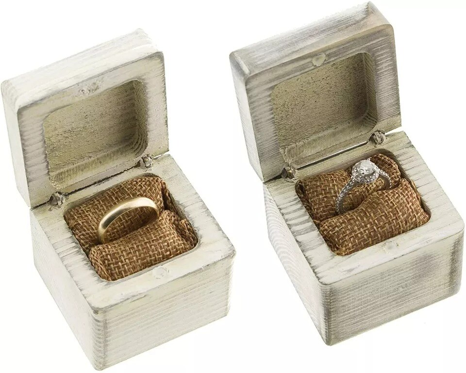 2 pc Mr &#x26; Mrs Wooden Wedding Ring Bearer Boxes for Ceremony, Unique Vintage