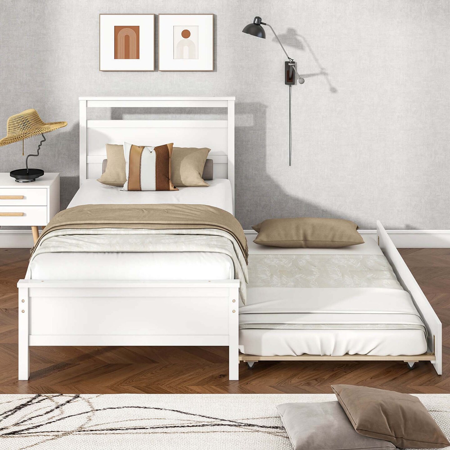 Costway Twin Size Platform Bed with Trundle Pull-out Trundle Headboard &#x26; Footboard Gray/White
