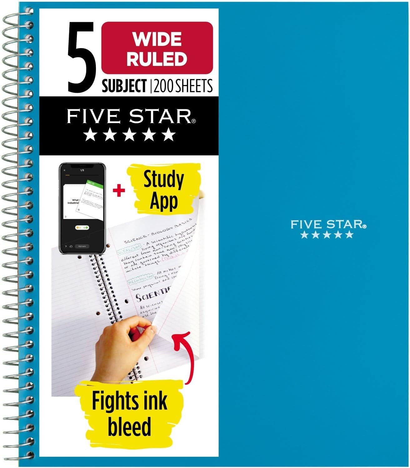 Spiral Notebook + Study App, 5 Subject, Wide Ruled Paper, Fights Ink Bleed, Water Resistant Cover, 8&#x22; X 10-1/2&#x22;, 200 Sheets, Tidewater Blue (73196)
