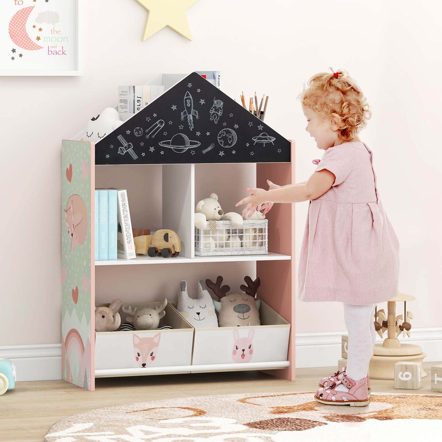 Costway Kids Dollhouse Bookshelf with Writable Chalkboard  Whiteboard 4 Top Compartments Gray/Pink