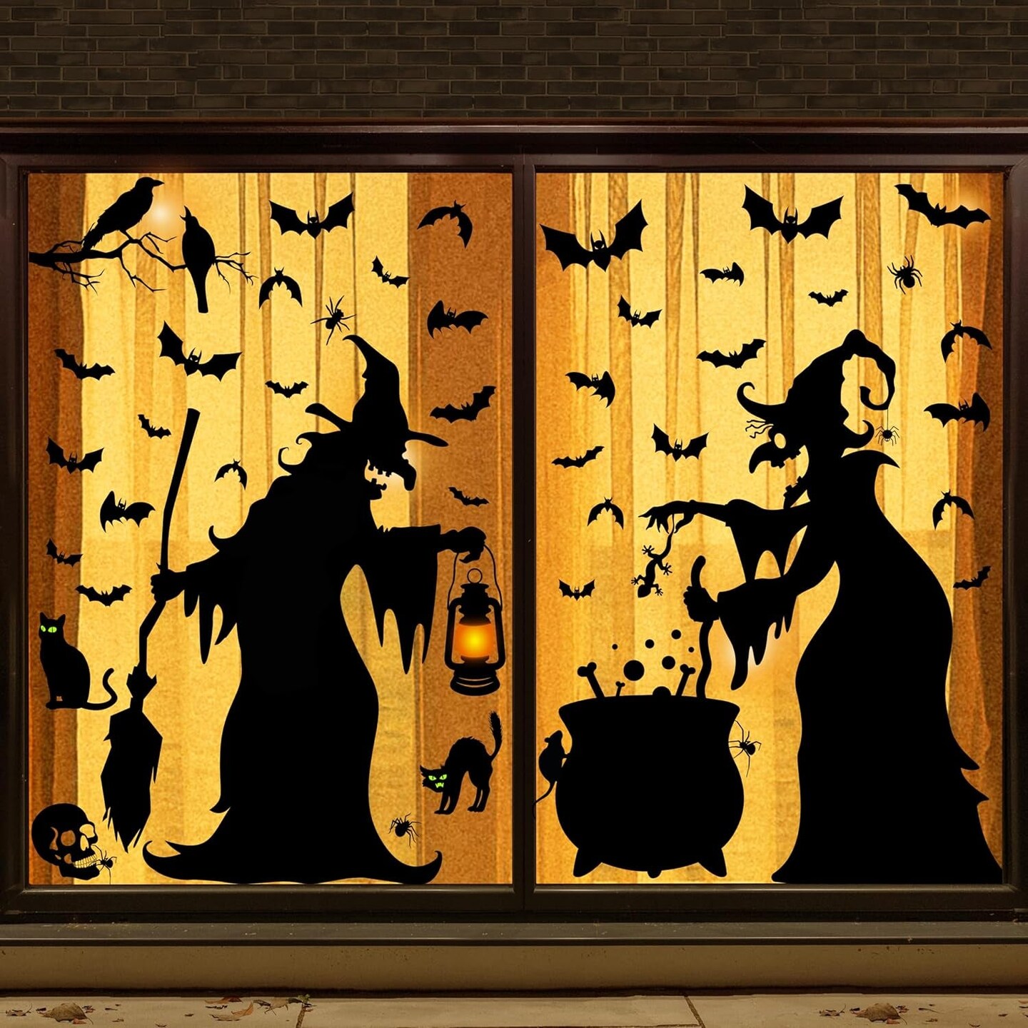 Halloween Decorations Window Clings - Large Witches with Cauldron Bats Spider Black Cat Silhouette Halloween Window Stickers Decals for Home Indoor Office Party Decor Supplies