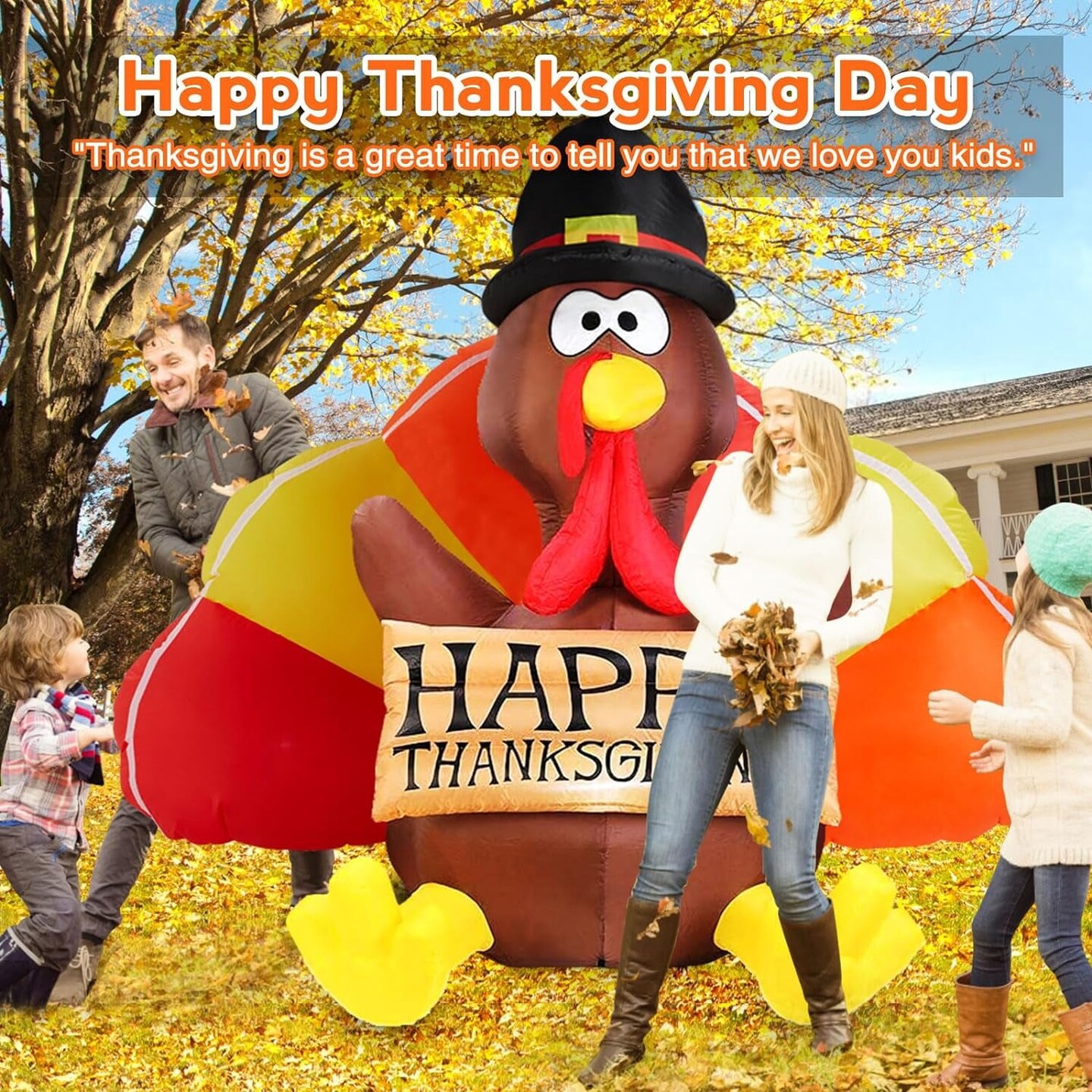 6 FT Thanksgiving Inflatables Turkey Outdoor Decorations with Colorful Big Tail &#x26; Pilgrim Hat, Built-In Leds Blow up Turkey Inflatable Yard Decoration for outside Fall Harvest Holiday Decor