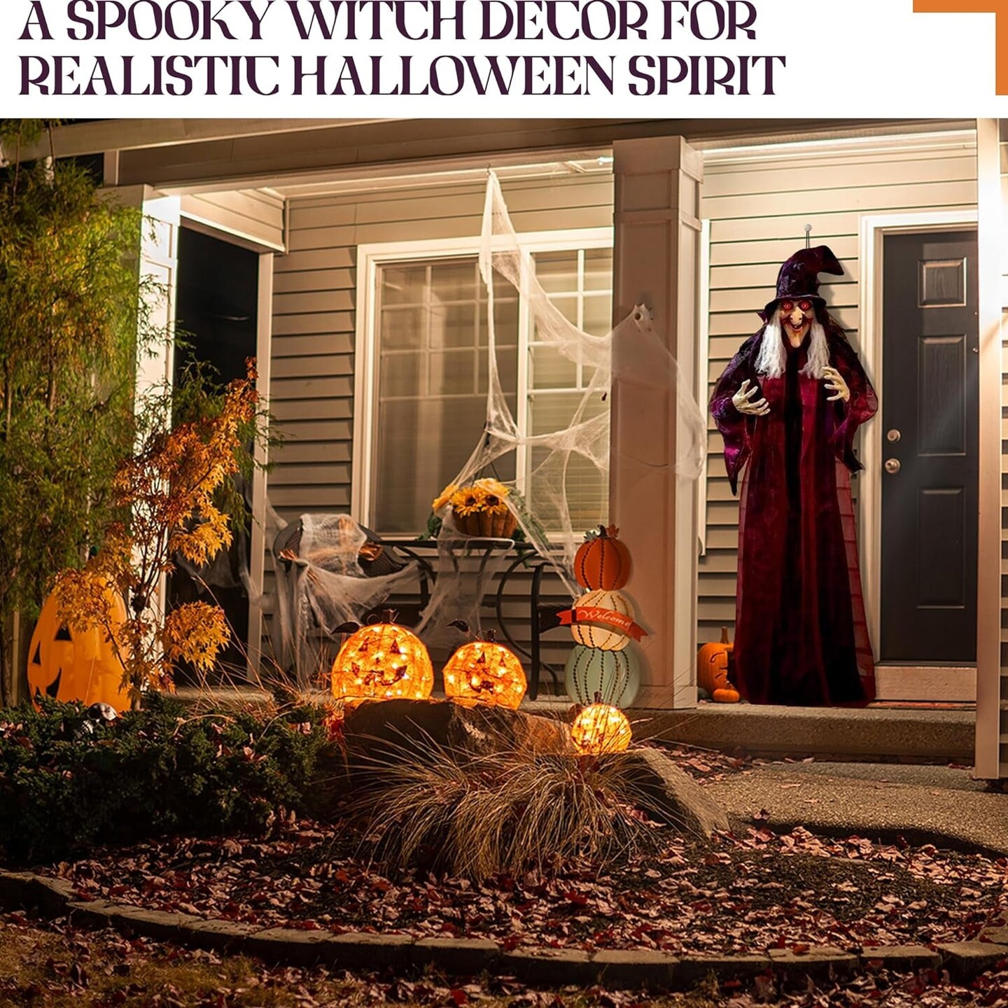 Life Size Hanging Talking Witch - Animated Halloween Witch with Sound Activation and Red Eyes for Outdoor &#x26; Indoor Decor - Old, Spooky and Scary Flying Animatronic Witch for Halloween Decorations