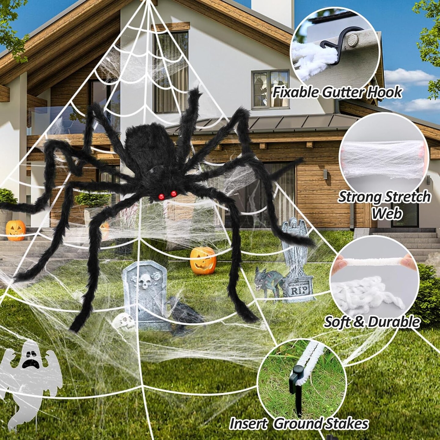 3Pcs 212&#x27;&#x27; Halloween Spider Web 49&#x22; Halloween Spider Decorations Stretch Cobweb Fake Spider Giant Spider Web for Indoor Outdoor Halloween Decorations Yard Lawn Home Costumes Party Haunted House D&#xE9;cor