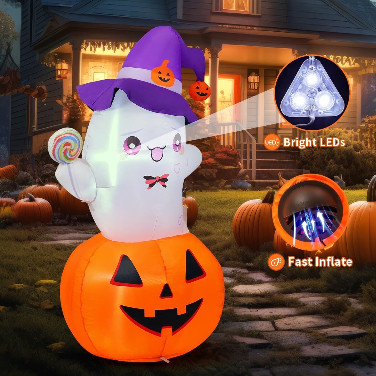 5 FT Halloween Inflatables Ghost Outdoor Decorations Blow up Yard Cute Ghost Sitting on Pumpkin Helding a Lollipop with Built-In Leds for Garden Lawn Indoor Party Decor