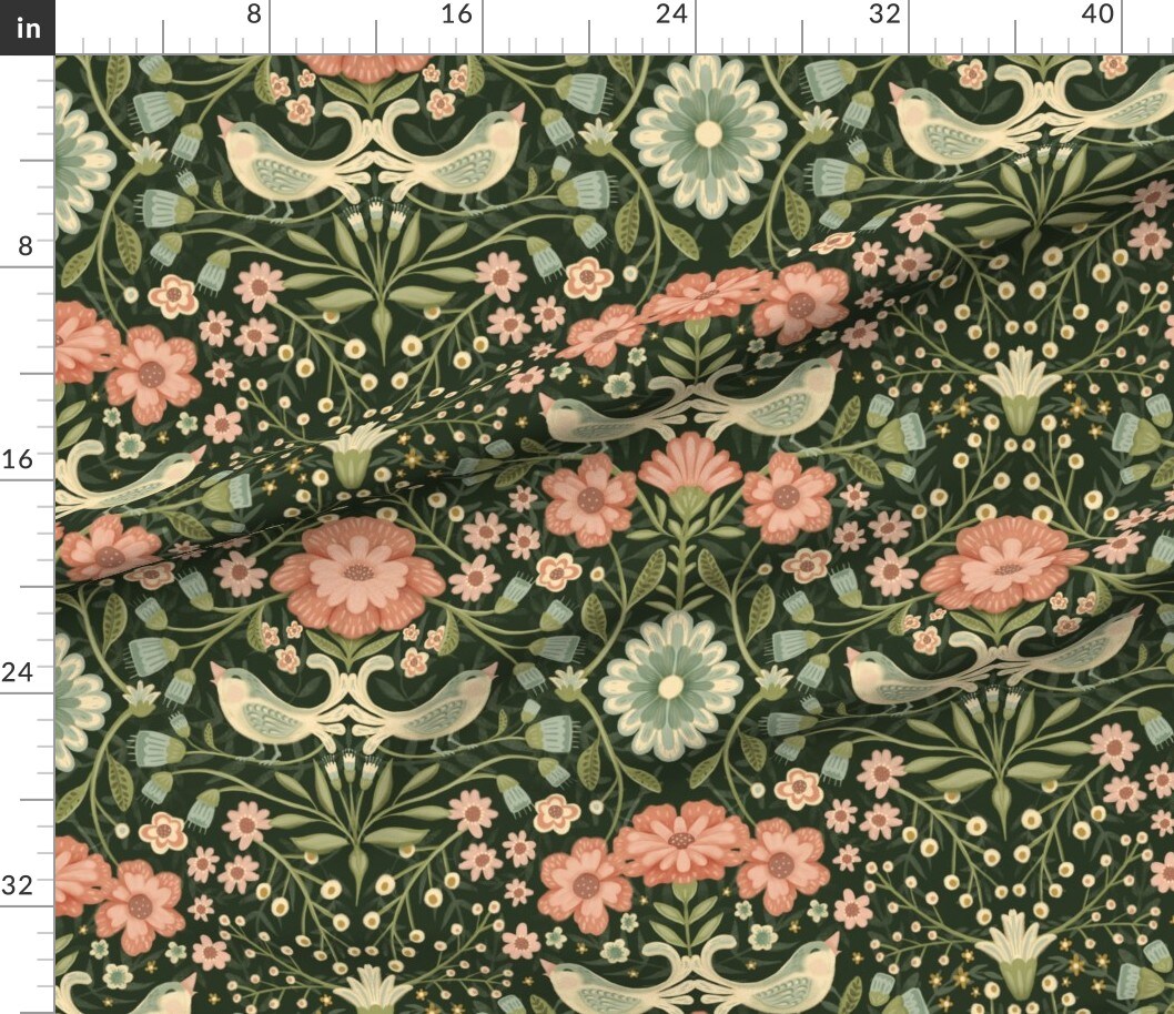 Dark Bohemian Green Pink Flowers Traditional Arts And Crafts Bird Cottagecore Custom Printed Fabric by Spoonflower Various Fabrics by the Yard or Fat Quarter