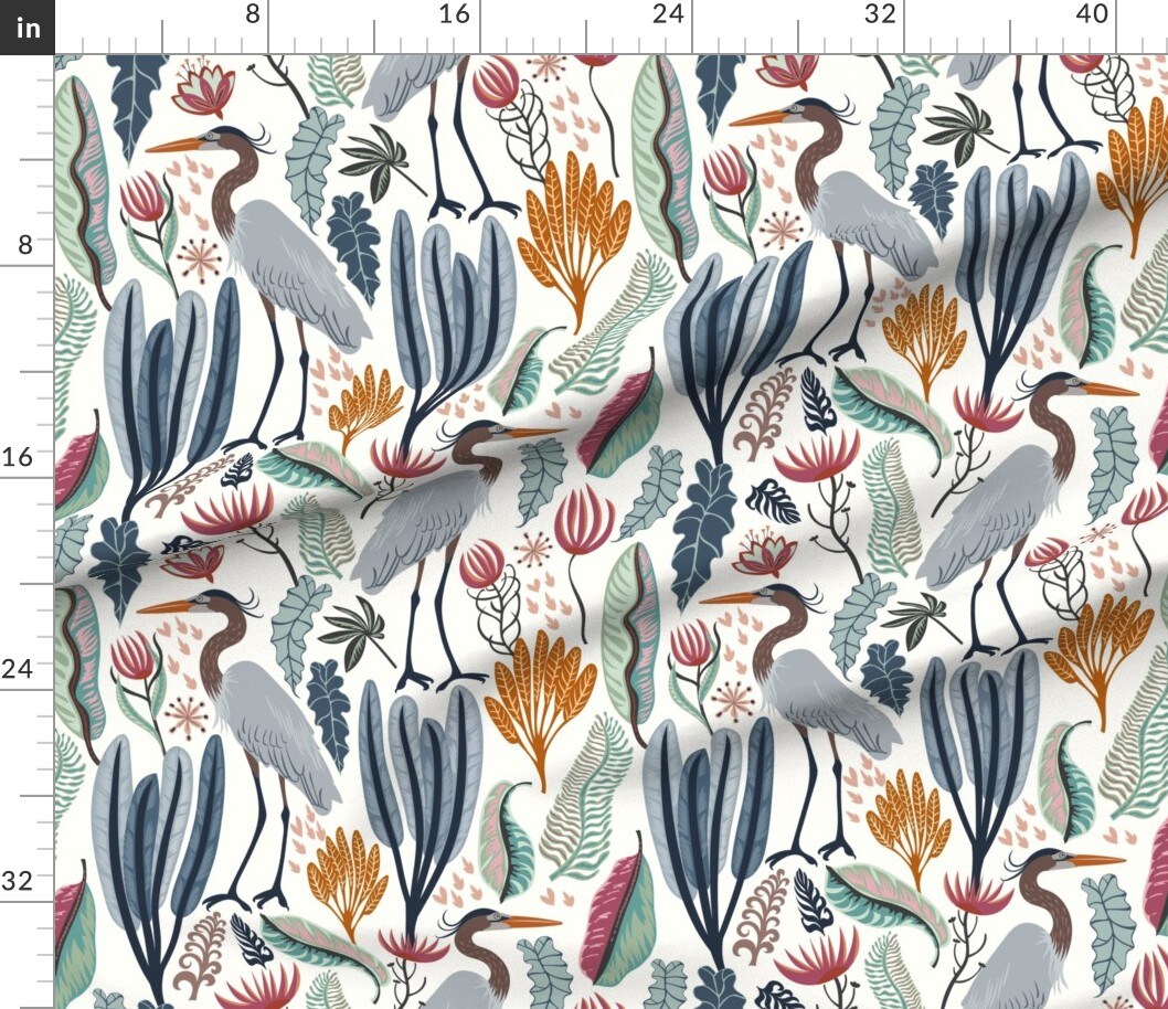 Heron Botanical Large Scale Cranes Marshland Habitat Custom Printed Fabric by Spoonflower Various Fabrics by the Yard or Fat Quarter