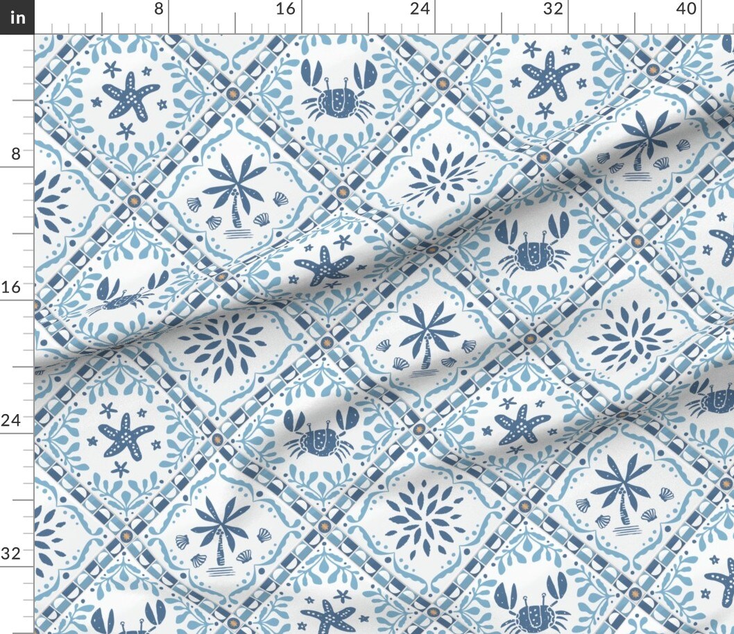 Faux Tile Patchwork Coastal Beach House Starfish Marine Life Preppy Palm Tree Seashells Ocean Under The Sea Grandmother Blue And White Mosaic Custom Printed Fabric by Spoonflower Various Fabrics by the Yard or Fat Quarter