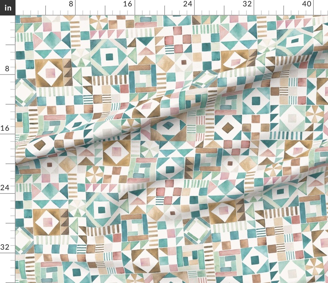 Various Fabrics by the Yard or Fat Quarter Watercolor Geometric Faux Tile Art Deco Square Checkered Patchwork Colorful Folk Cheater Quilt Traditional Classic Custom Printed Fabric by Spoonflower