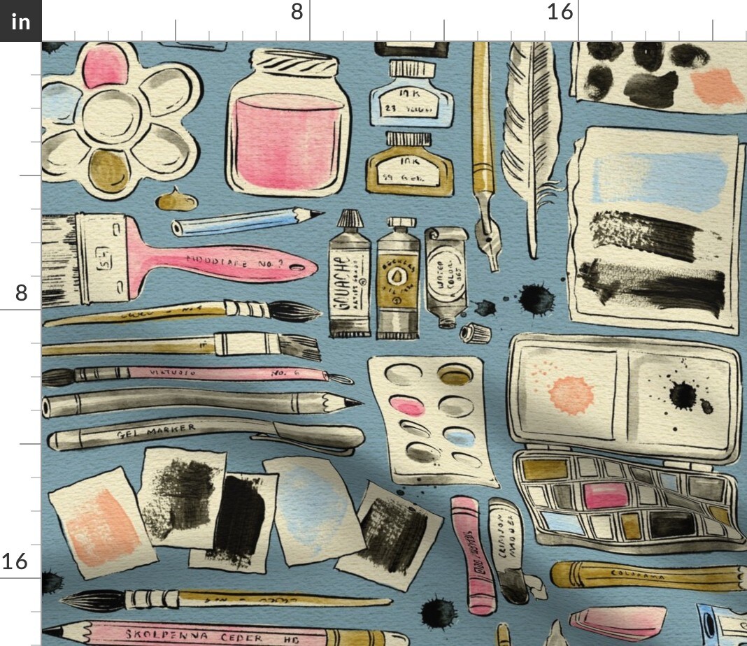 Retro Watercolor Paint Art Ink Brushes Supplies Brush Pencil Feather Paints Gouache Fountain Pen Well Whimsical Eclectic Line Drawing Doodle Custom Printed Fabric by Spoonflower Various Fabrics by the Yard or Fat Quarter