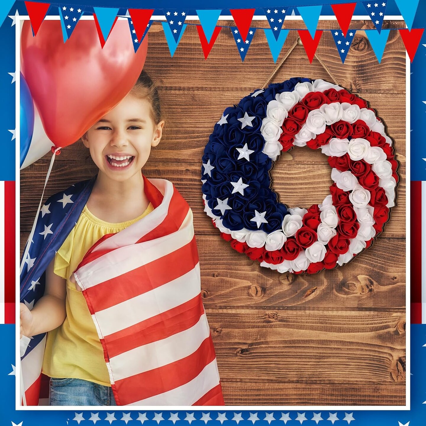 1 Pcs 4th of July Hanging Door Sign 2d Memorial Day Wreath Decorations Patriotic Door Hanger American Rustic Wooden Plaque