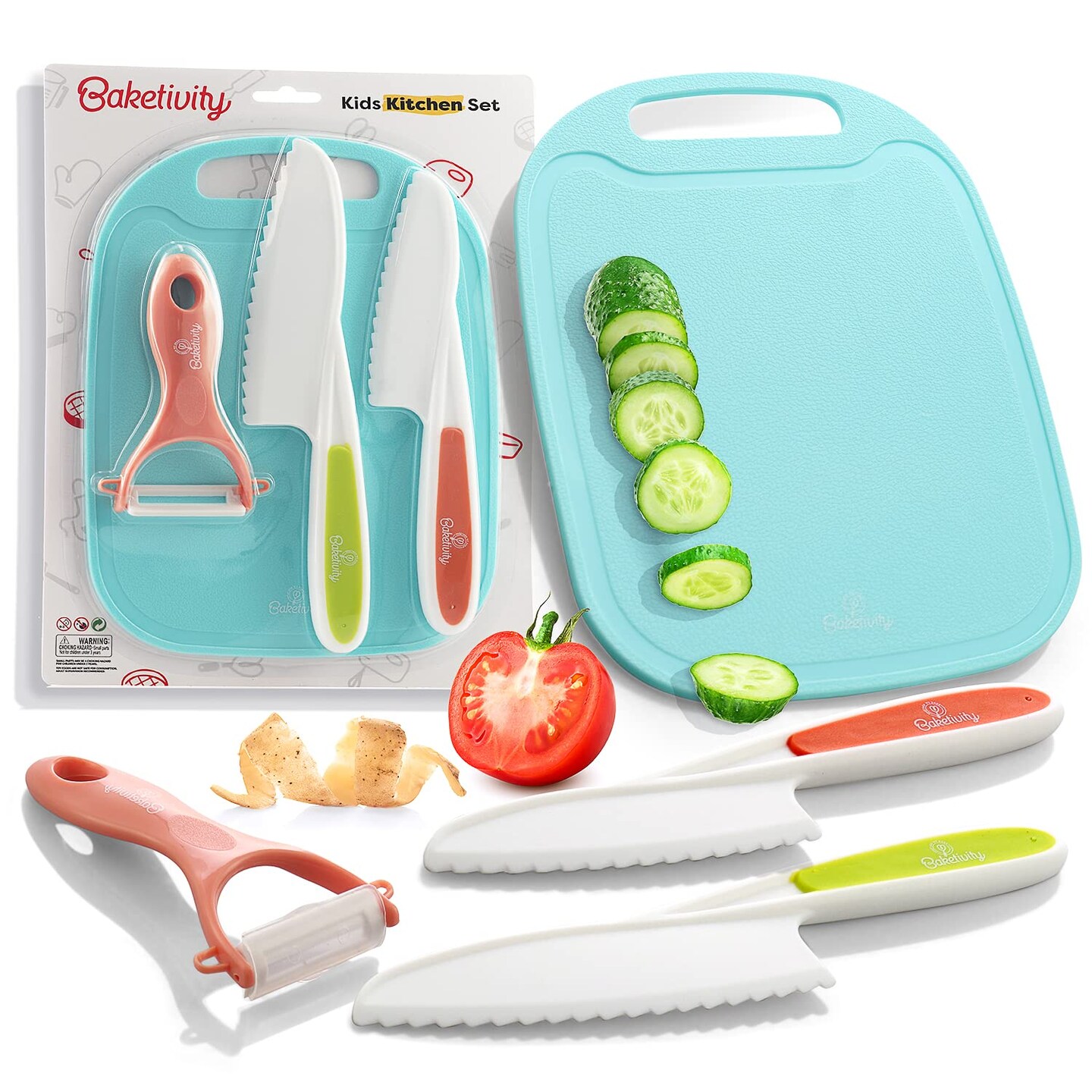 Baketivity Kid Safe Plastic Knives For Real Cooking With Cutting Board, Peeler For Kitchen - Knife Set With Blunt Tip, Dishwasher Safe, BPA Free Kids Knives For Cutting