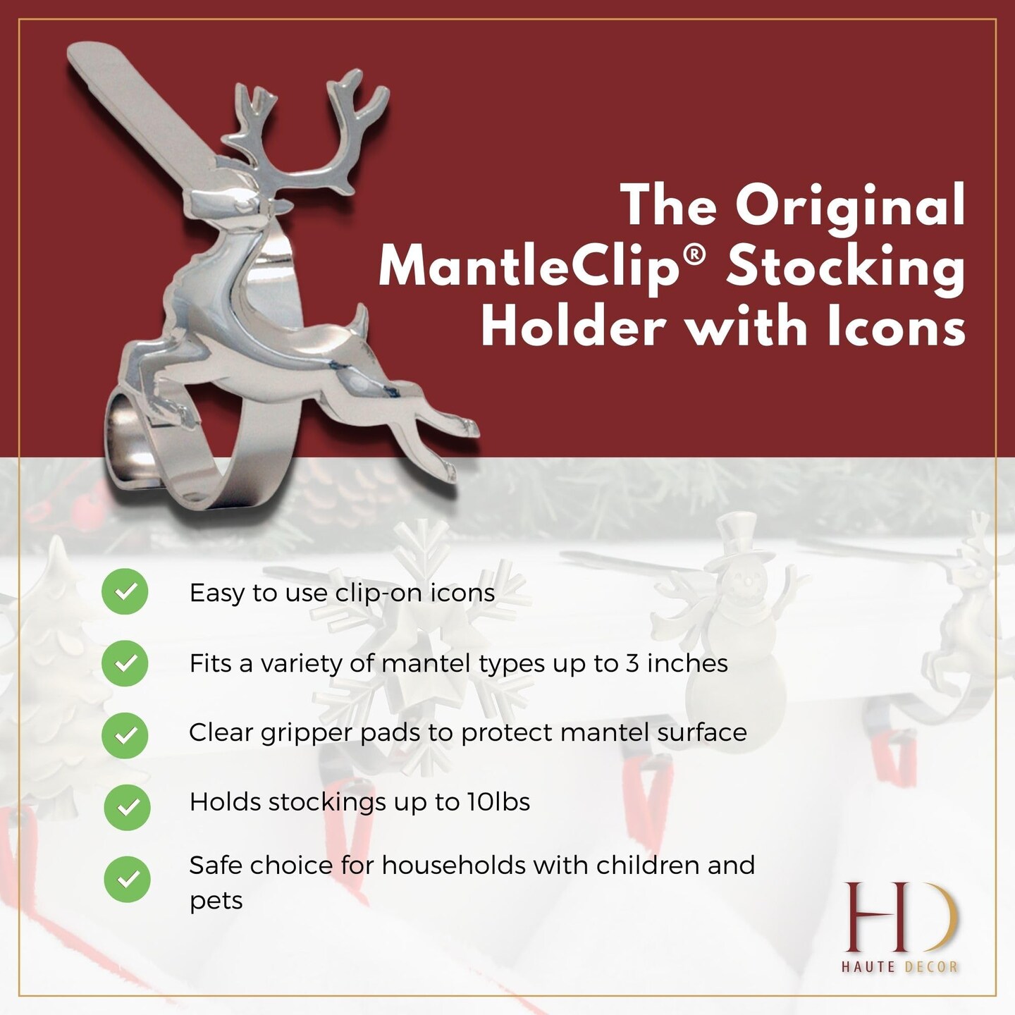 Haute Decor MantleClip Stocking Holders with Removable ZINC Alloy Holiday Icons
