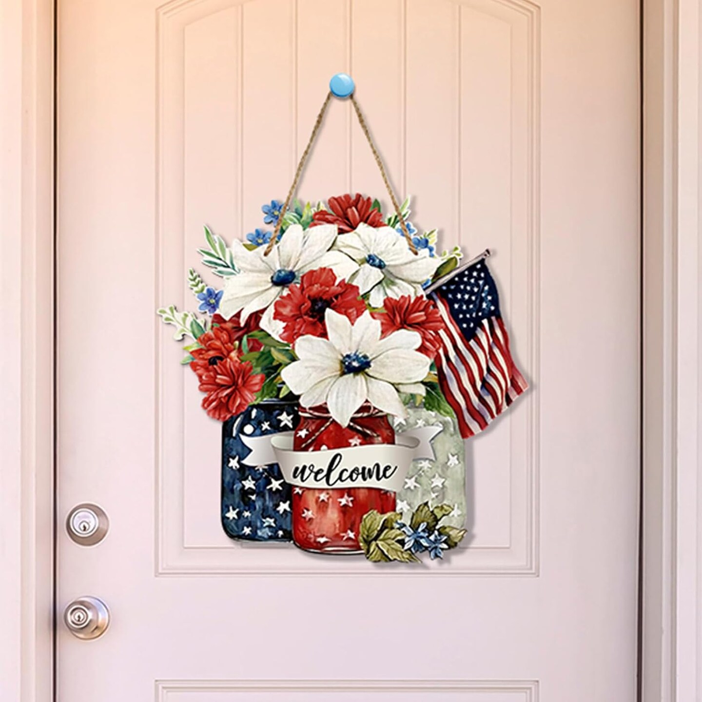 4th of July Welcome Sign – Patriotic Wooden Front Door Decoration for Independence Day & Memorial Day, Red White Blue Flag Farmhouse Hanging Wall Decor