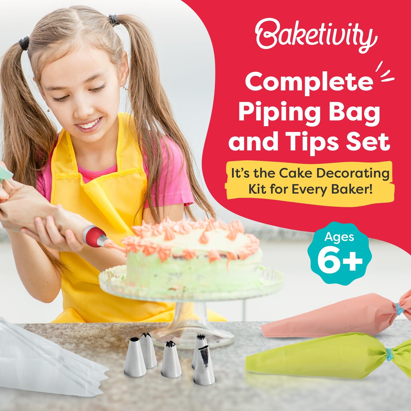 BAKETIVITY Frosting Piping Bags and Tips Set for Decorating Cakes, Cupcakes &#x26; More - Frosting Piping Kit with 3 Reusable &#x26; 30 Disposable Icing Bags, 6 Piping Tips, 3 Bag Ties &#x26; 1 Duo-Color Coupler