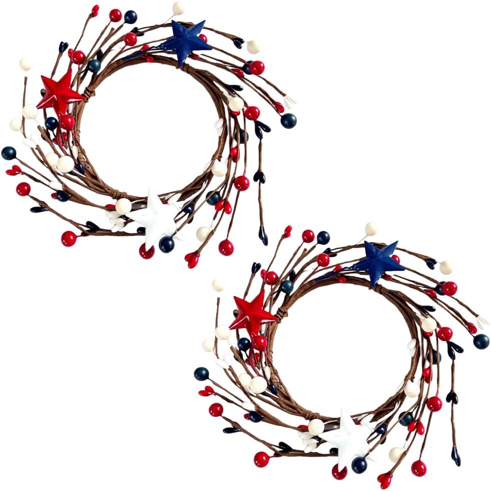 2 Pcs 9&#x22; Patriotic Candle Rings Wreaths (Blue-2pc)