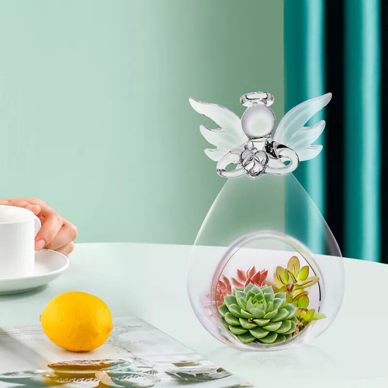 2x Hanging Angel Glass Orbs Terrarium Holder Succulent Plants Tealight Vase Ball