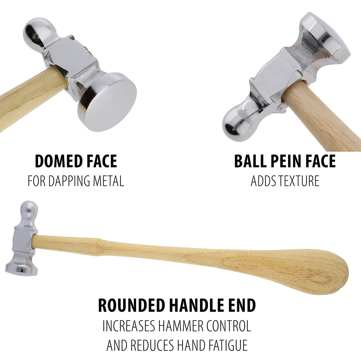 The Beadsmith Two-Sided Chasing Hammer – 11.5 Inches Wooden Handle, 2.25” Steel Head with a 14mm Ball Pein & 25mm Domed Face – Metalwork Tool Used to Add Texture & Dimension to Metalwork