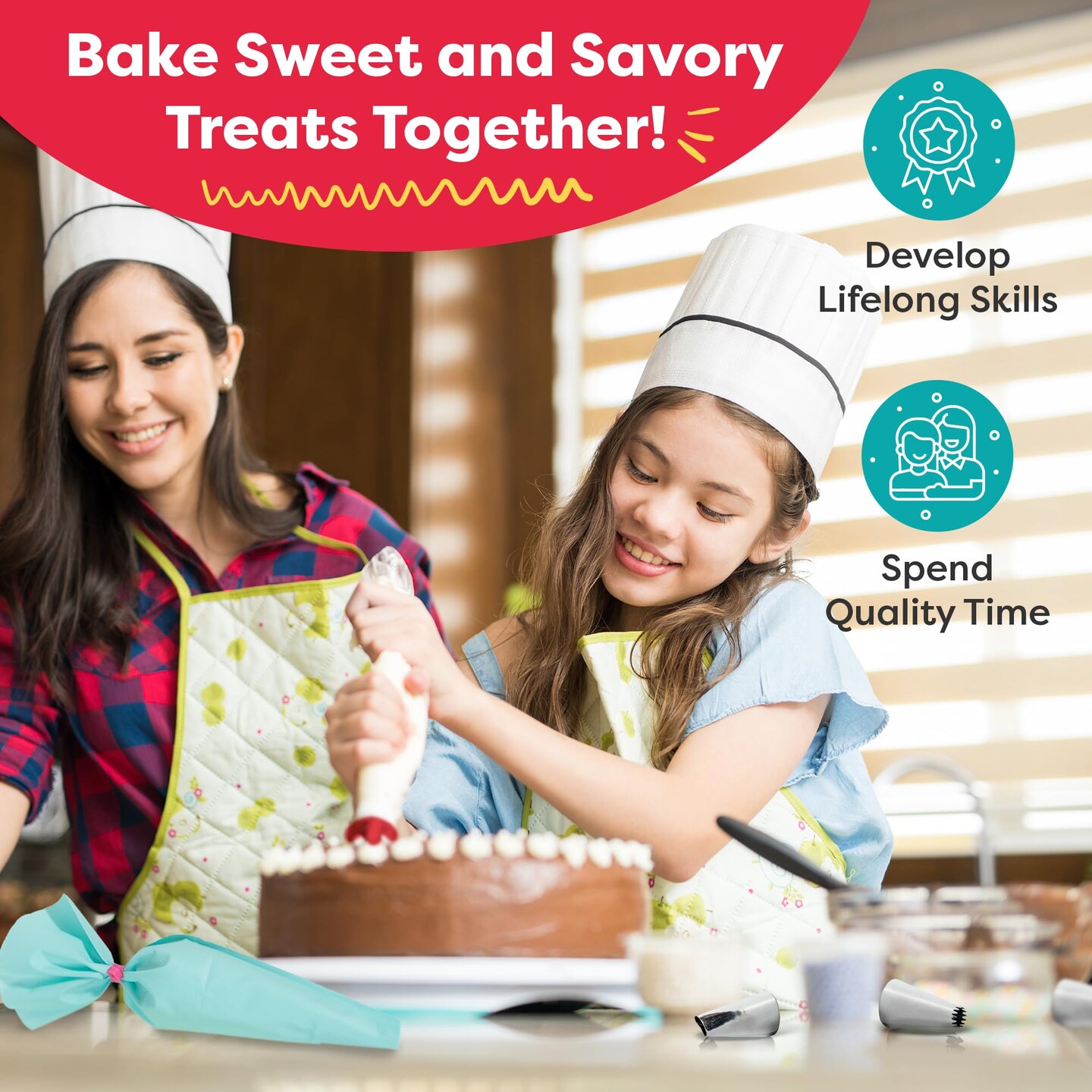 BAKETIVITY Frosting Piping Bags and Tips Set for Decorating Cakes, Cupcakes &#x26; More - Frosting Piping Kit with 3 Reusable &#x26; 30 Disposable Icing Bags, 6 Piping Tips, 3 Bag Ties &#x26; 1 Duo-Color Coupler
