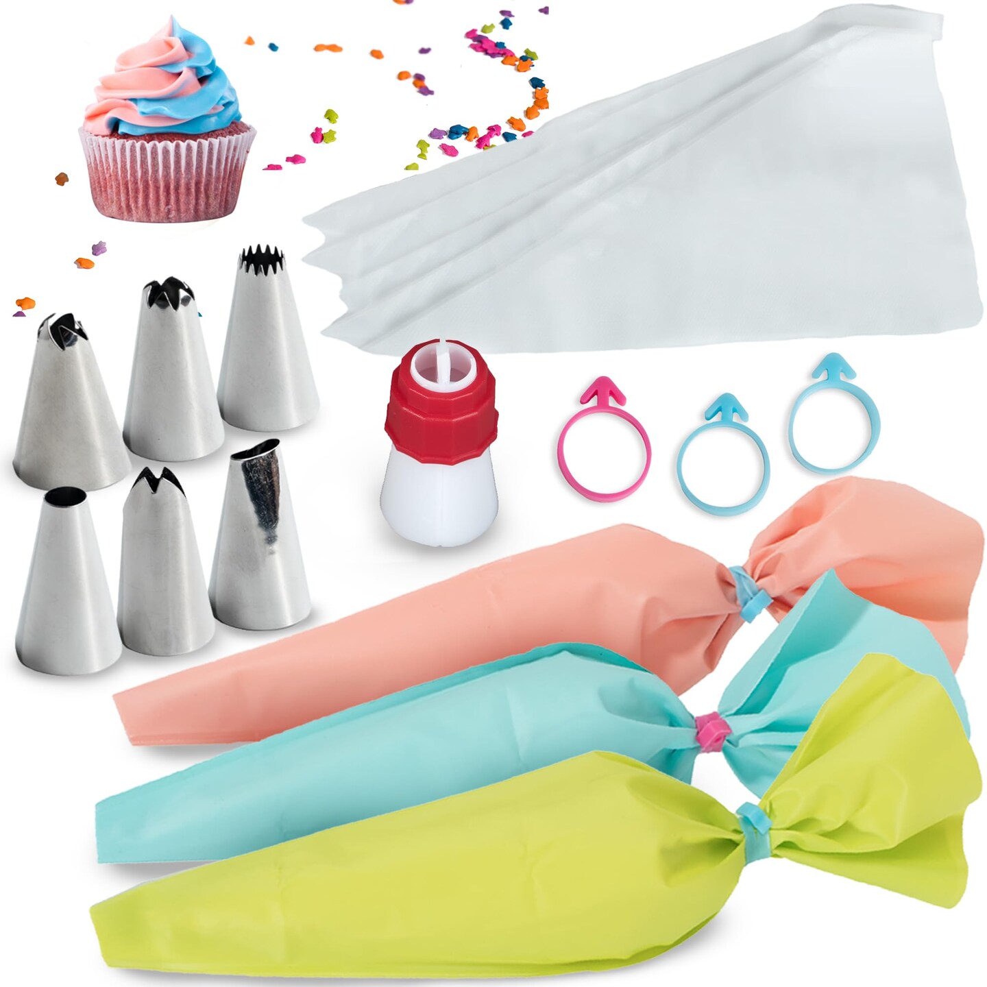 BAKETIVITY Frosting Piping Bags and Tips Set for Decorating Cakes, Cupcakes &#x26; More - Frosting Piping Kit with 3 Reusable &#x26; 30 Disposable Icing Bags, 6 Piping Tips, 3 Bag Ties &#x26; 1 Duo-Color Coupler