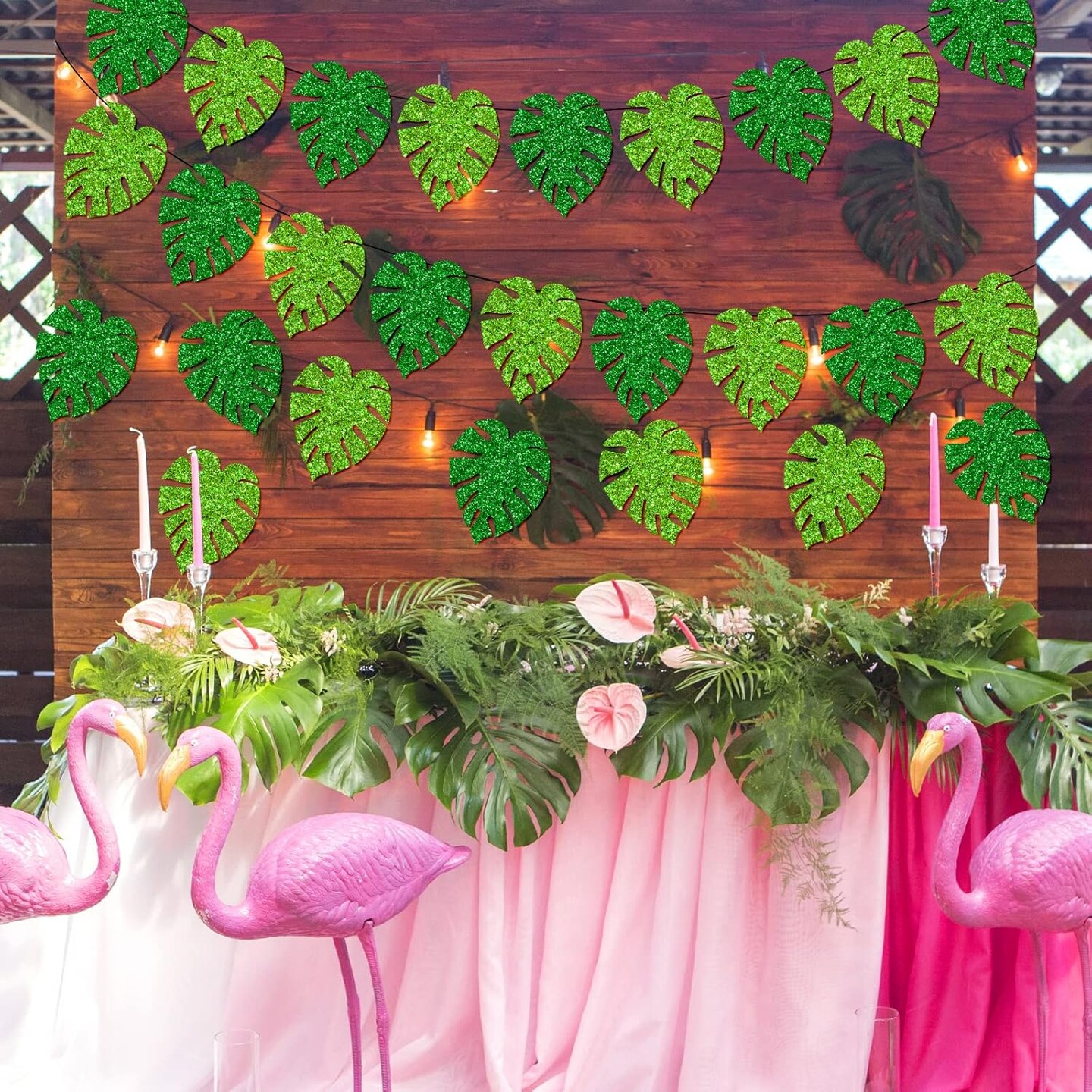 46Pcs Tropical Leaves Cutouts Glitter Green Palm Leaves (Green)