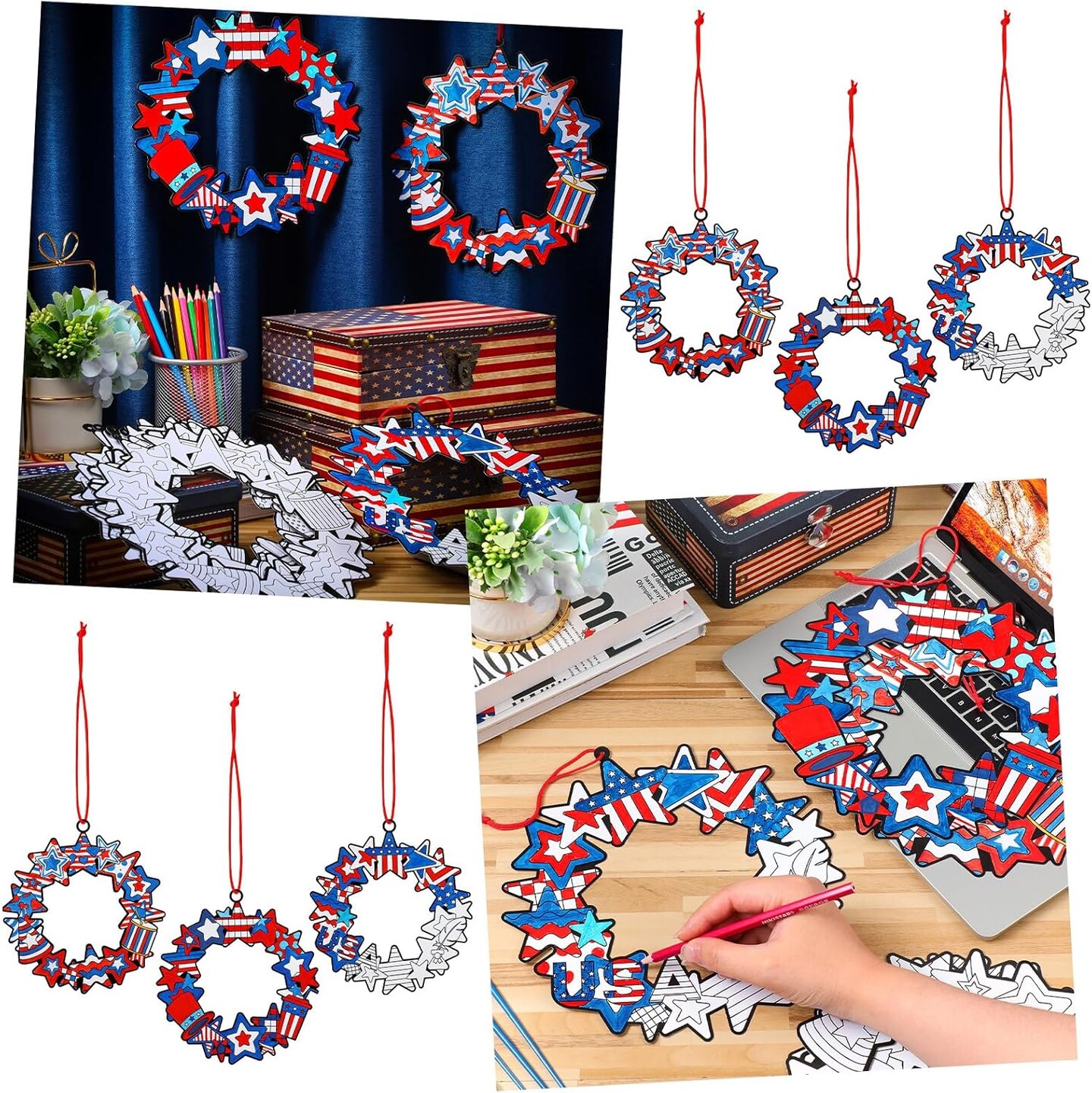 30-Piece Color Your Own Patriotic Wreath DIY Kit – Funny Fourth of July Crafts for Independence Day, Memorial Day, Holiday Party, and Home Activities