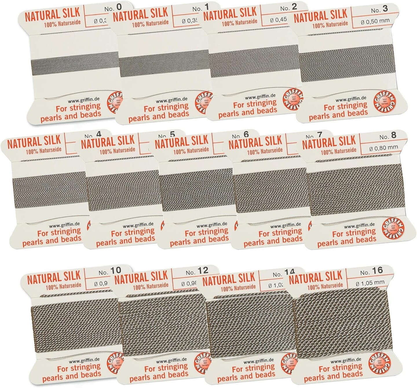 Griffin Silk Bead Cord Perlseide – Size Assortment 0-16 – 2 Meters per Card – Stainless Steel Needle Attached – for Knotting Pearls, Gemstones, Crystals and Beads