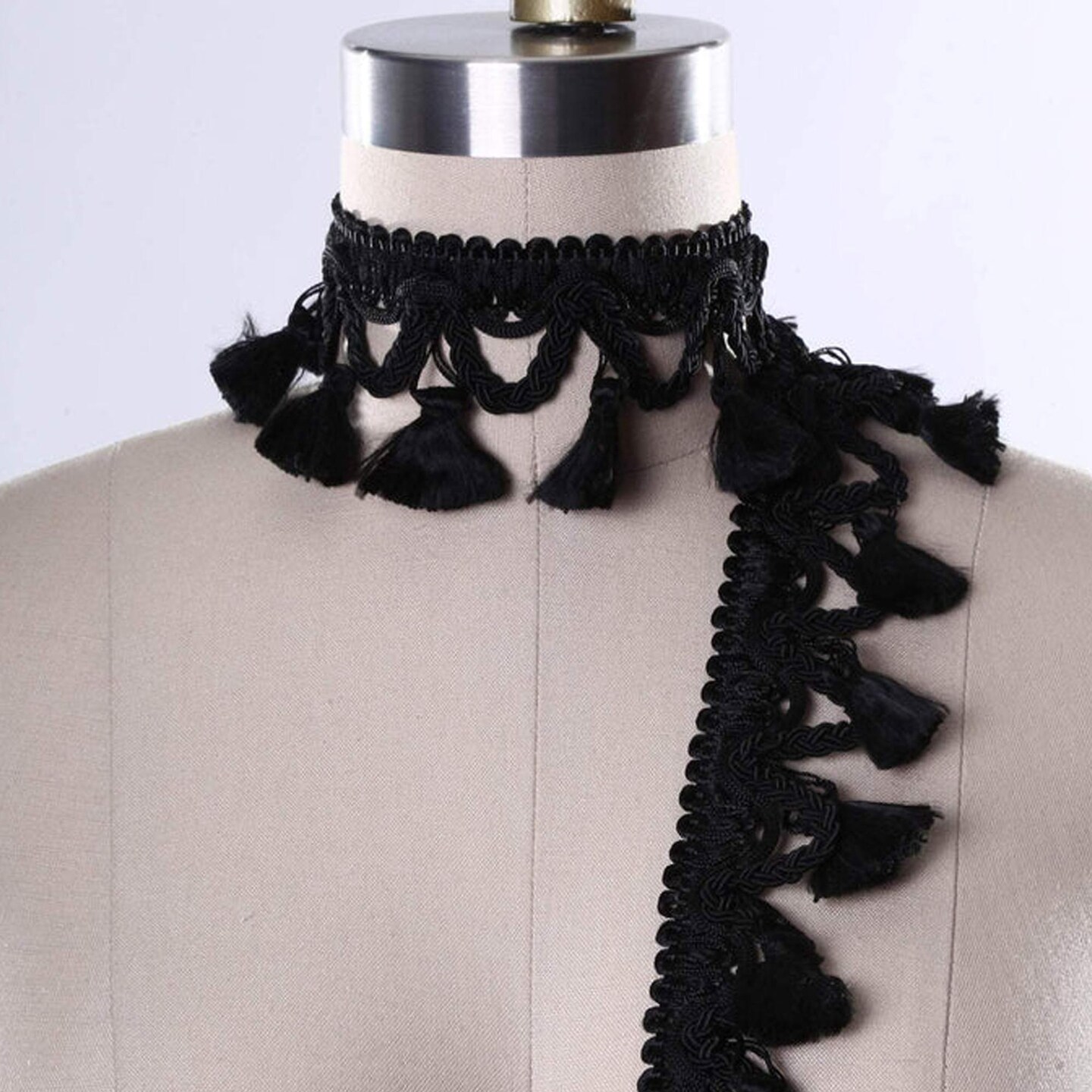 5 Yards Black Braided Gimp Trim with Silky Tassel Fringe for Upholstery Drapery and Home Decor