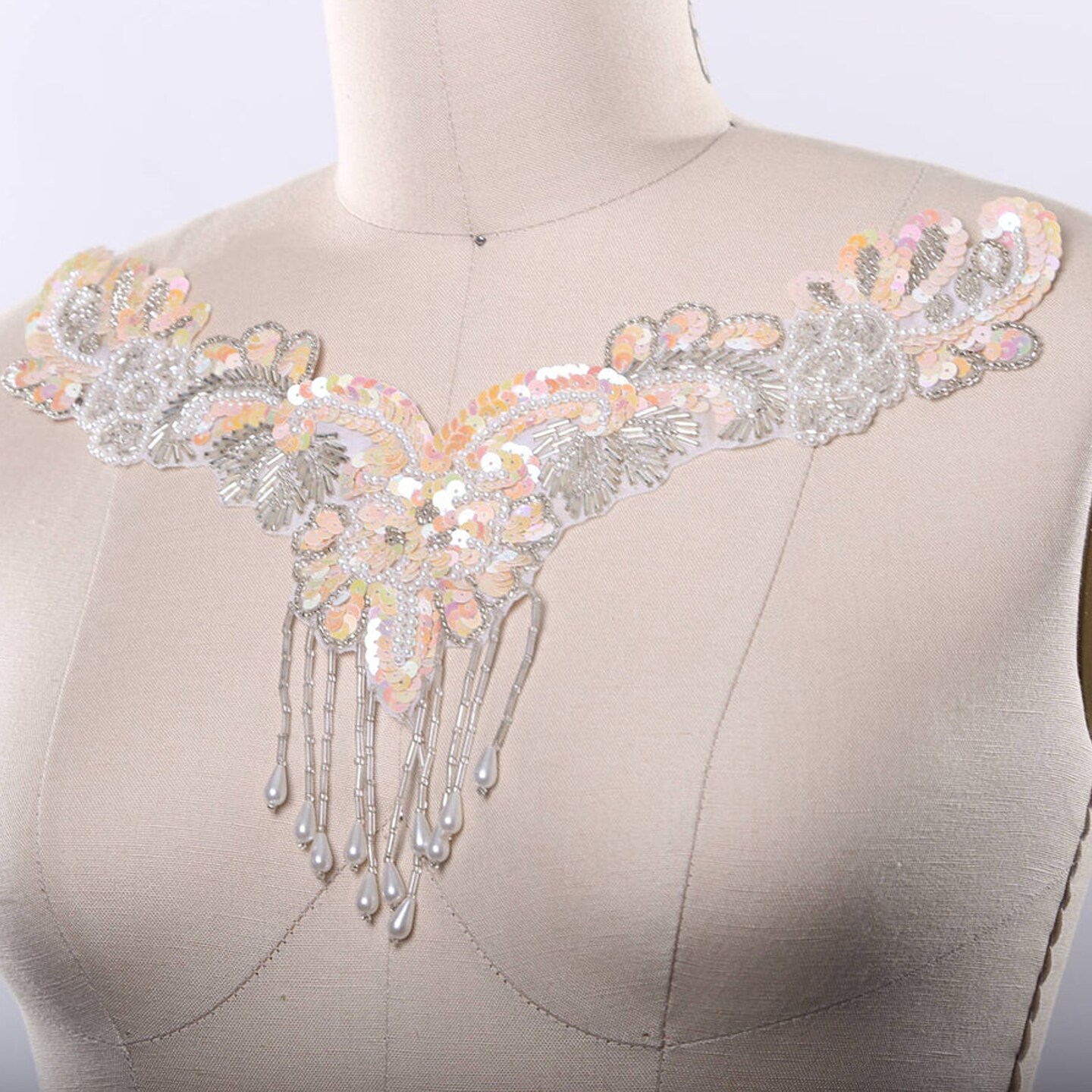 ! Piece Peach V Neck Applique with Sequin Beaded Fringe and Rhinestone Detailing