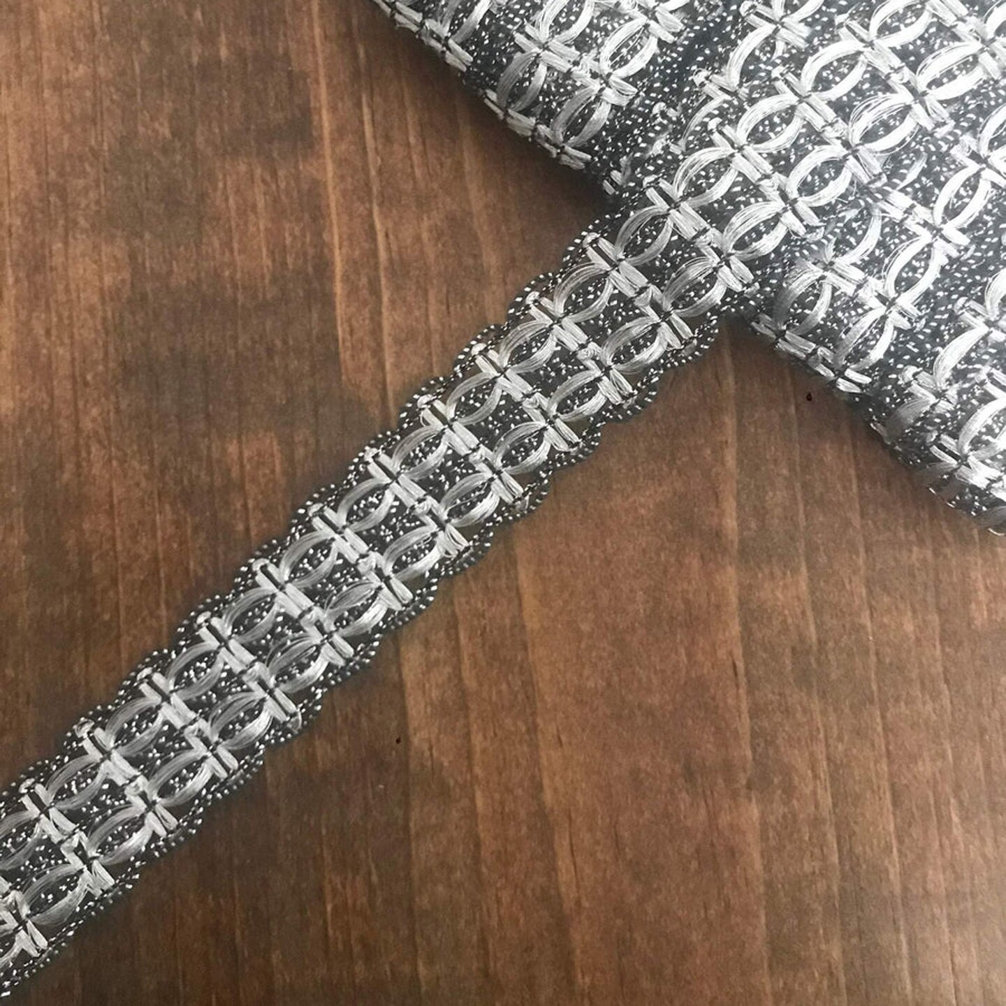 1&#x22; Gunmetal &#x26; Silver Metallic Lace Gimp Trim &#x2013; Pull-Through Threading Decorative Upholstery Braid