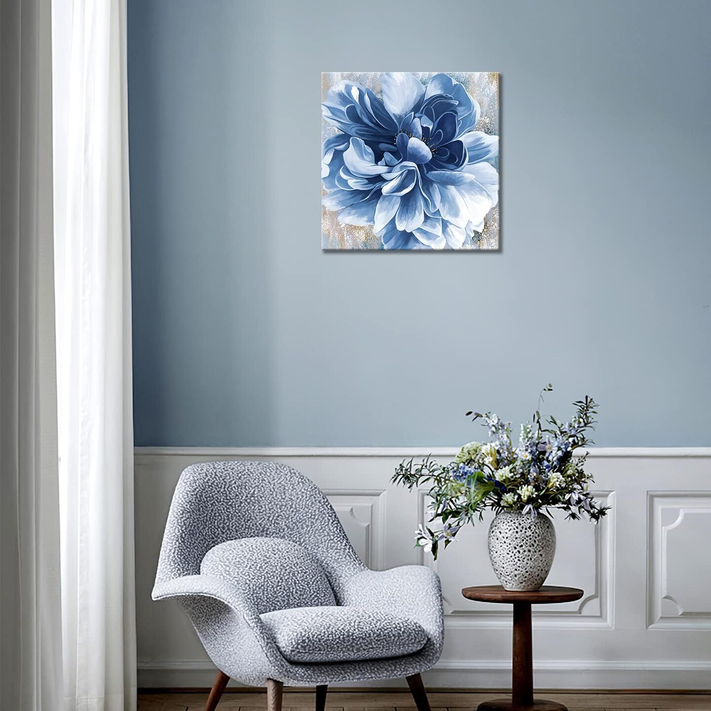 Blue Flower Wall Art,Navy Blue Floral Canvas Print