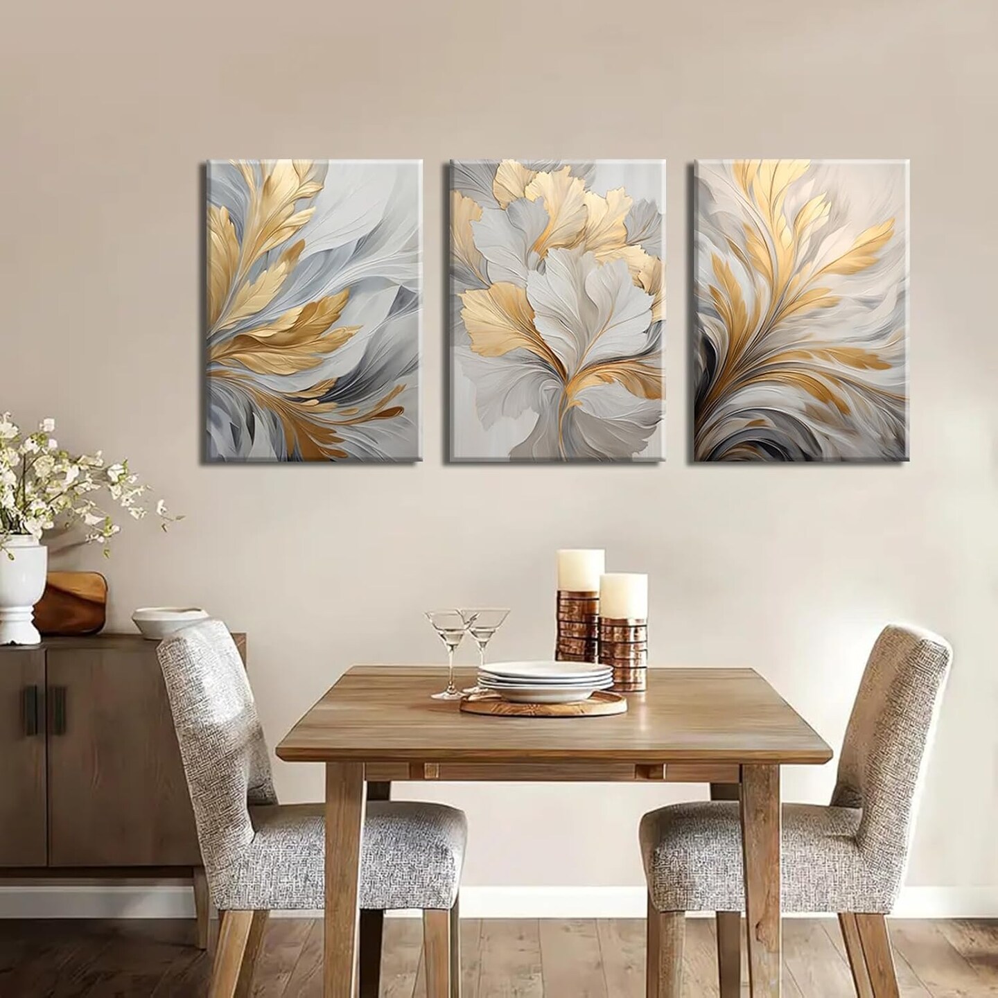 3Pcs Modern Abstract Golden White Leaves Canvas Wall Art (16x24in)